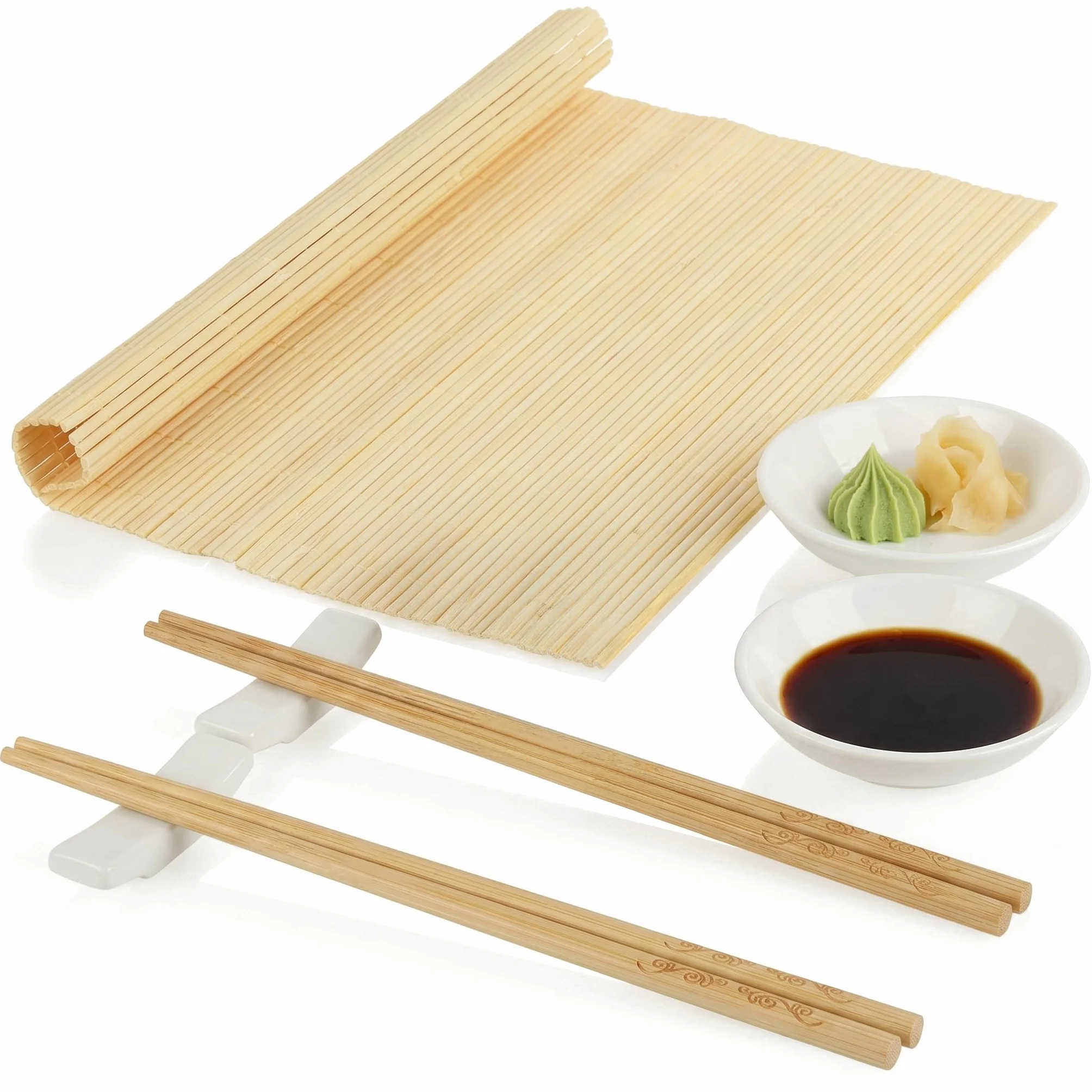 com-four® 7 czesciowy zestaw sushi – z bambusowa mata, paleczkami, ceramicznymi miseczkami i podstawkami – azjatycka zastawa do sosu sojowego, wasabi i dipów (7-czesciowy zestaw sushi)