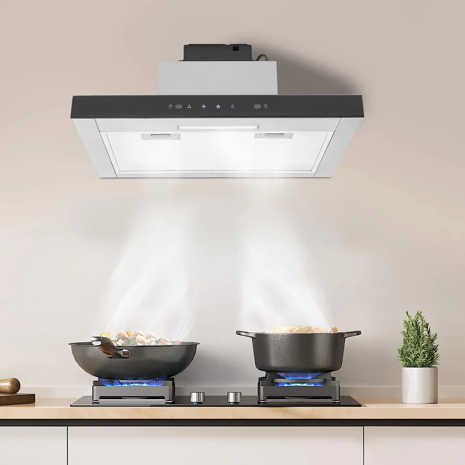 Okap kuchenny 60 cm, wyciągowy, podszafkowy okap ścienny, sterowanie dotykowe i gesty, 3 poziomy mocy, oświetlenie LED, cichy < 55 dB, stal nierdzewna i szkło