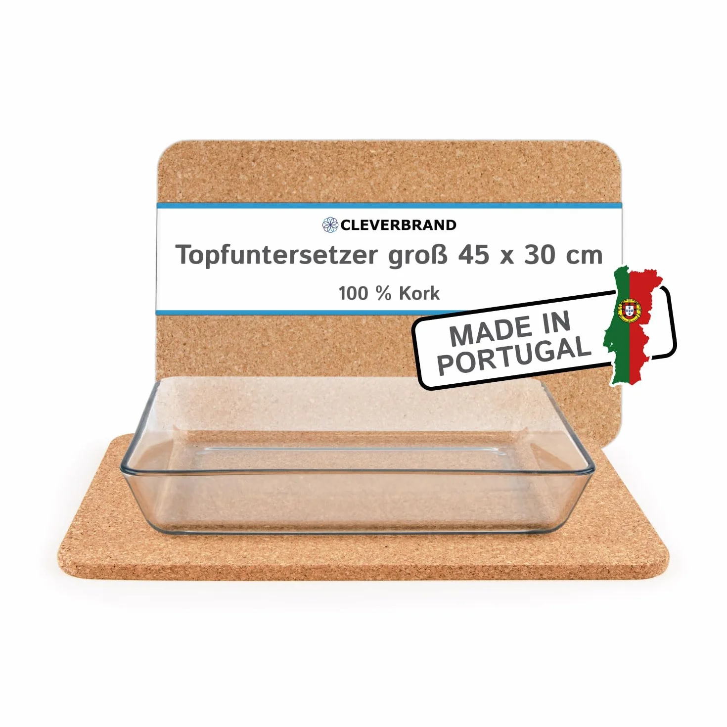 Cleverbrand Mata korkowa, odporna na wysokie temperatury, prostokątna, (45 x 30 x 1 cm), idealna jako podkładka pod garnek do dużych form do zapiekanek, garnków lub patelni – Made in Portugalii
