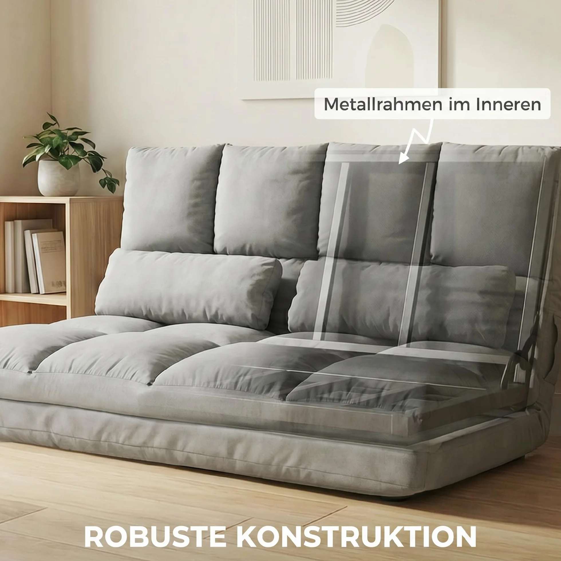 HOMCOM krzesło podłogowe 2 w 1 fotel podłogowy łóżko z oparciem regulacja 3 pozycje poduszka siedziska kolor szary aksamit stal 102 x 73 x 60 cm