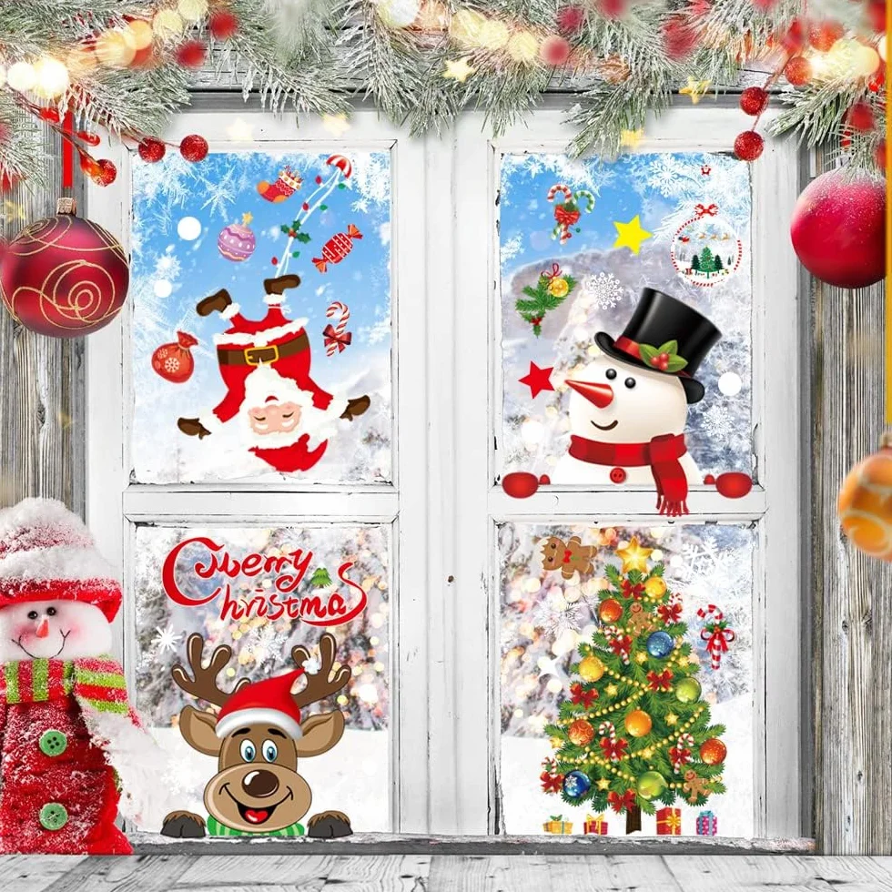 Świąteczne naklejki na okna Clings, Świąteczne dekoracje okienne Xmas naklejki na okna Dwustronne świąteczne naklejki na okna Decals Wielokrotnego użytku naklejki świąteczne na okna (8 arkuszy