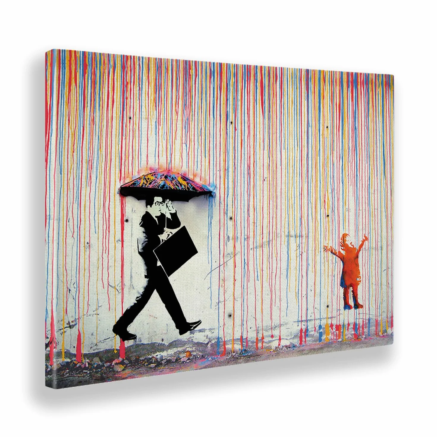 Giallobus - Obraz - Banksy - Deszcz kolorów - Standaard frame canvas - 140L x 100l cm - Gotowe do powieszenia - Nowoczesne obrazy do domu