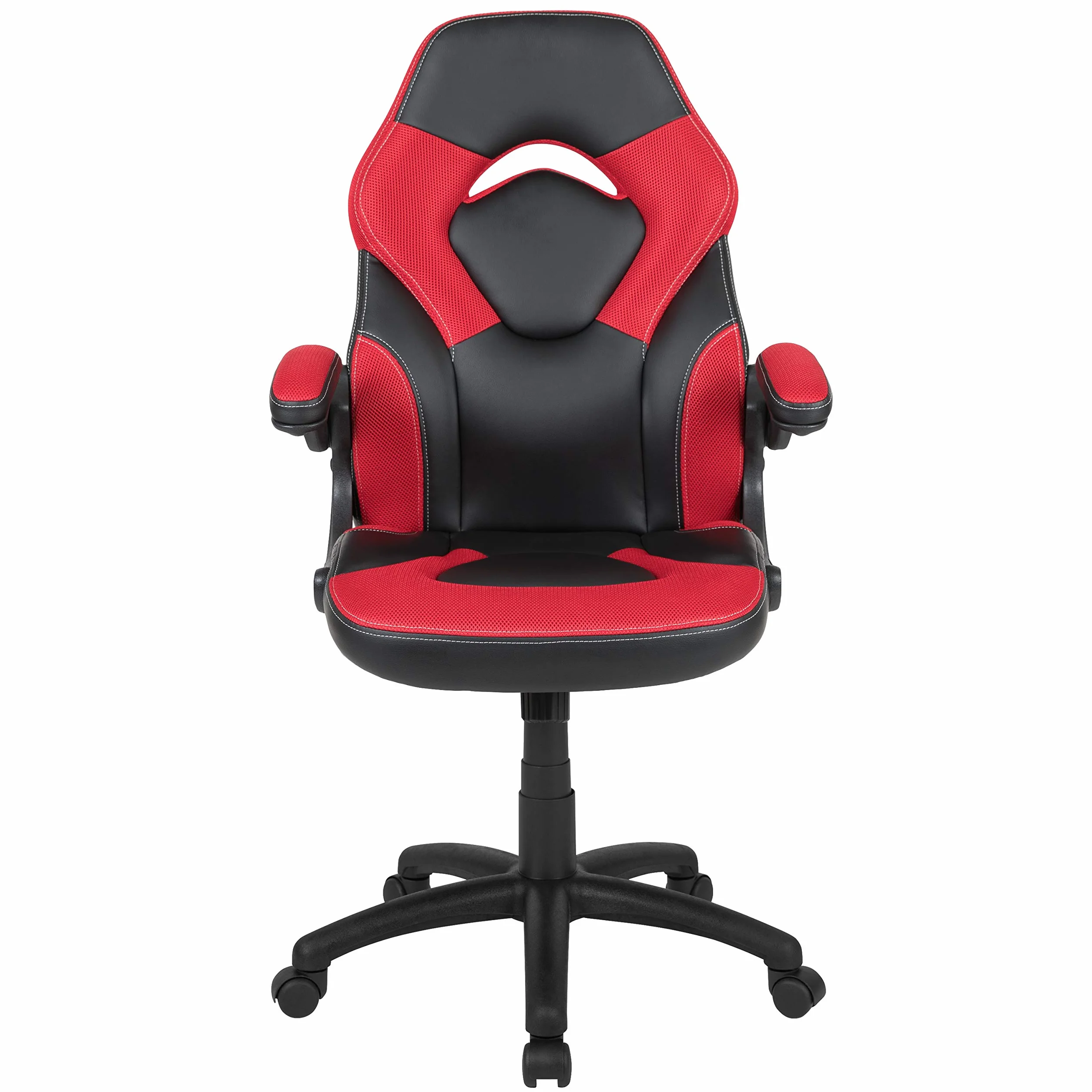 Flash Furniture X10 fotel gamingowy do biura, ergonomiczny, komputerowy, regulowany, obrotowy fotel z podnoszonymi podłokietnikami, czerwono-czarna skóra, miękka