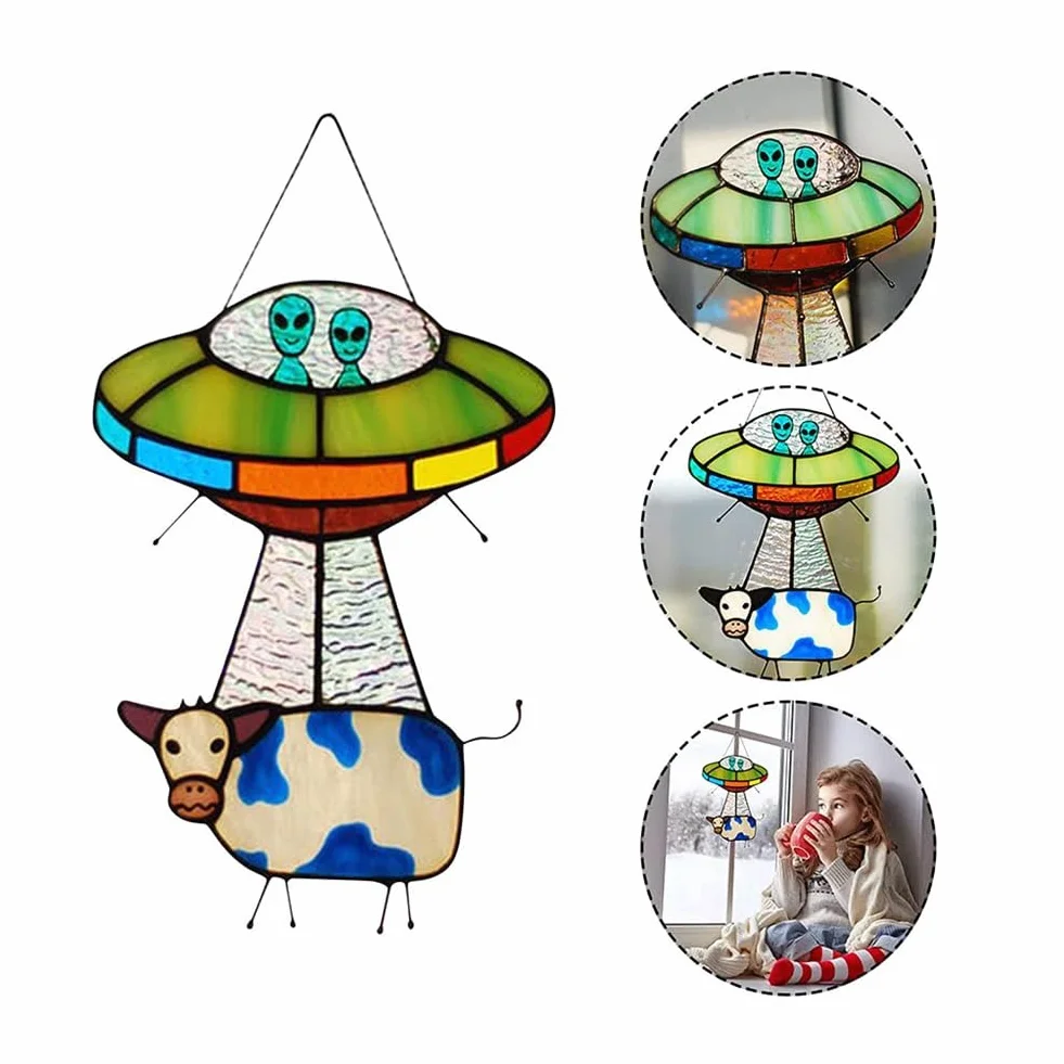 UFO Malowane Witraż Wiszący Panel Drzwi Wiszące Ogród Wystrój Cętkowany B