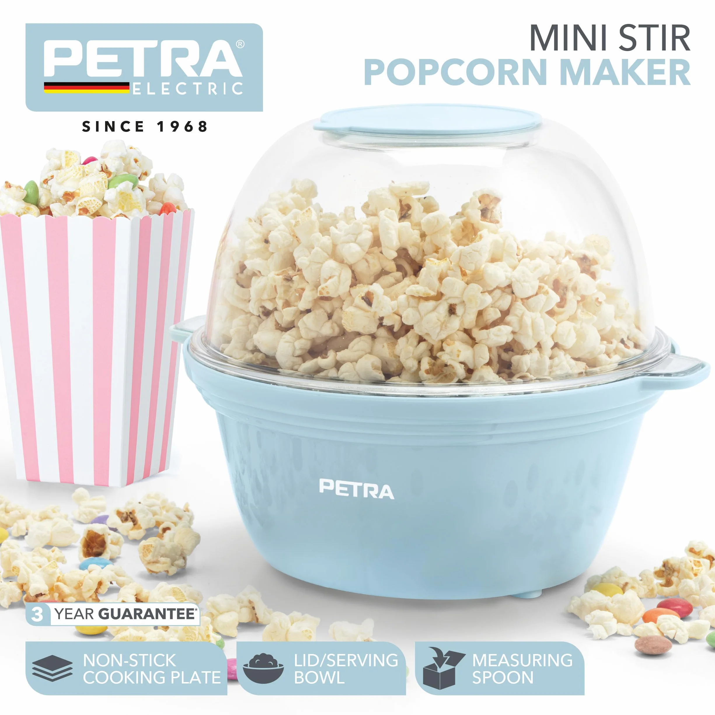 Petra PT6224BLVDE Mini Maszyna do Popcornu – Elektryczna Domowa Goraca Powietrzna Maszyna do Popcornu, Funkcja Mieszania dla Zdrowych Przekasek Bez Oleju/Tluszczu,