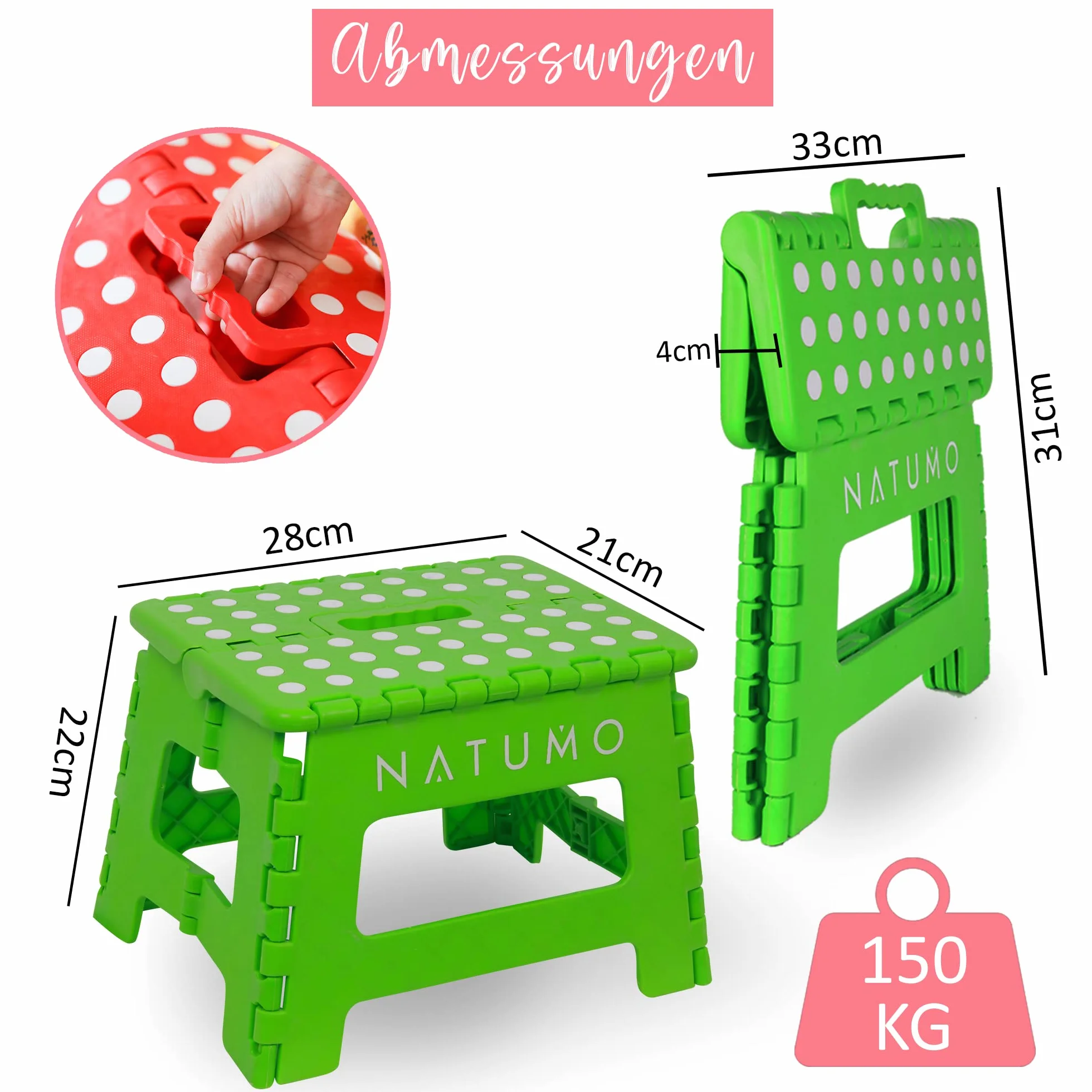 NATUMO® Składany taboret, 22 cm wysokości – składany stołek do kuchni, łazienki, przy umywalce, składany podnóżek, podest dla dzieci (zielony)
