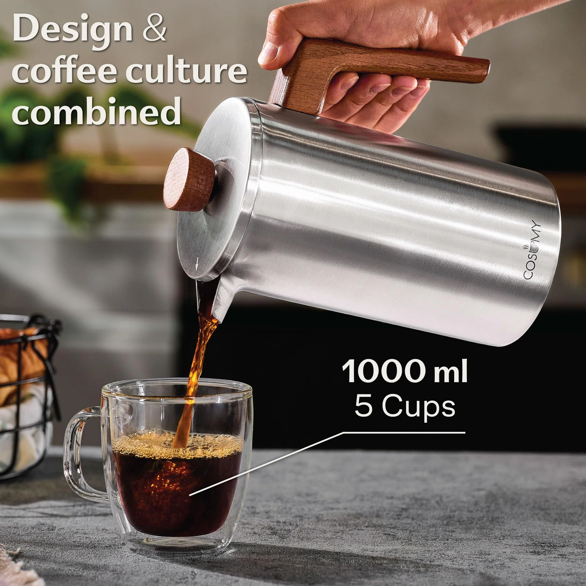 Cosumy French Press 1L wykonany ze stali nierdzewnej i trwałego drewna dębowego - Na 5 filiżanek - 2 dodatkowe filtry - Izolacja o podwójnych ściankach