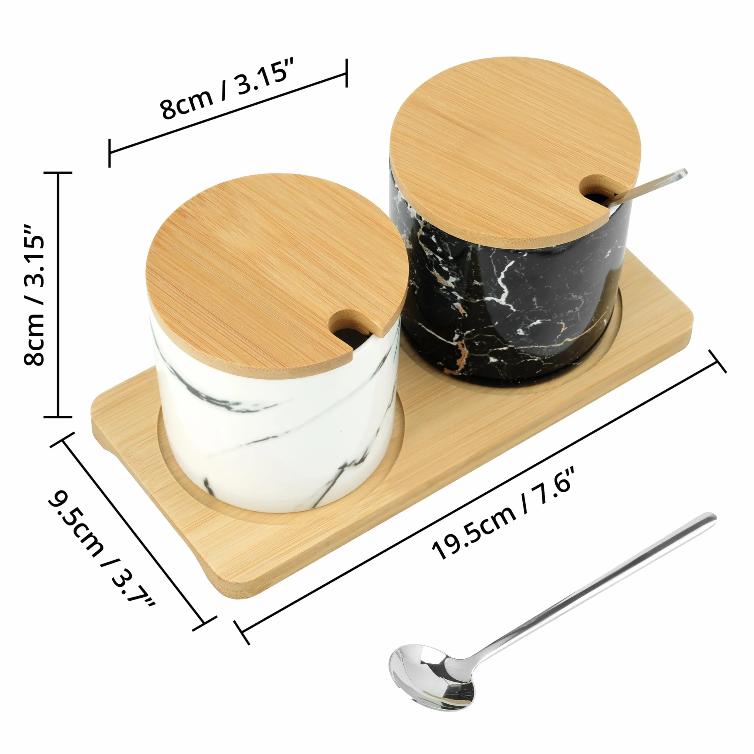 Winter Shore Ceramiczne Pojemniki na Sól i Pieprz z Łyżeczkami [2 szt.] - Czarno-Białe Miseczki - Nowoczesne z Bambusowymi Pokrywkami i Deseczką, Stalowe Łyżeczki - 250ml
