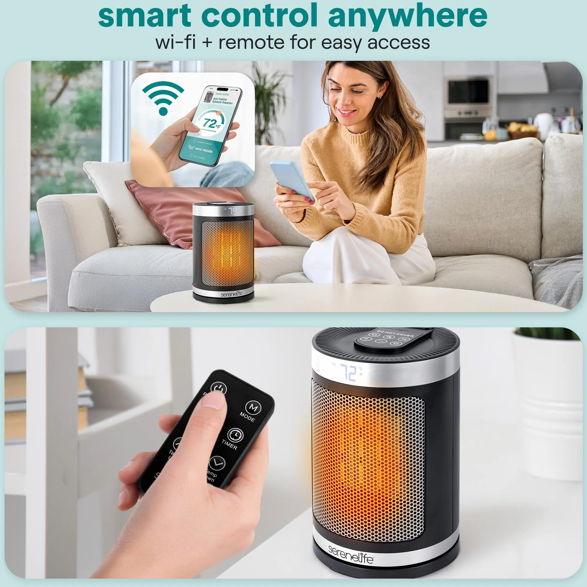 SereneLife Inteligentny Grzejnik Przenośny, 1500W Elektryczny Grzejnik do Użytku Wewnętrznego z Termostatem, Aplikacja Wi-Fi, Pilotem, Timerem 12-godzinnym i Bezpieczeństwem Przewrócenia