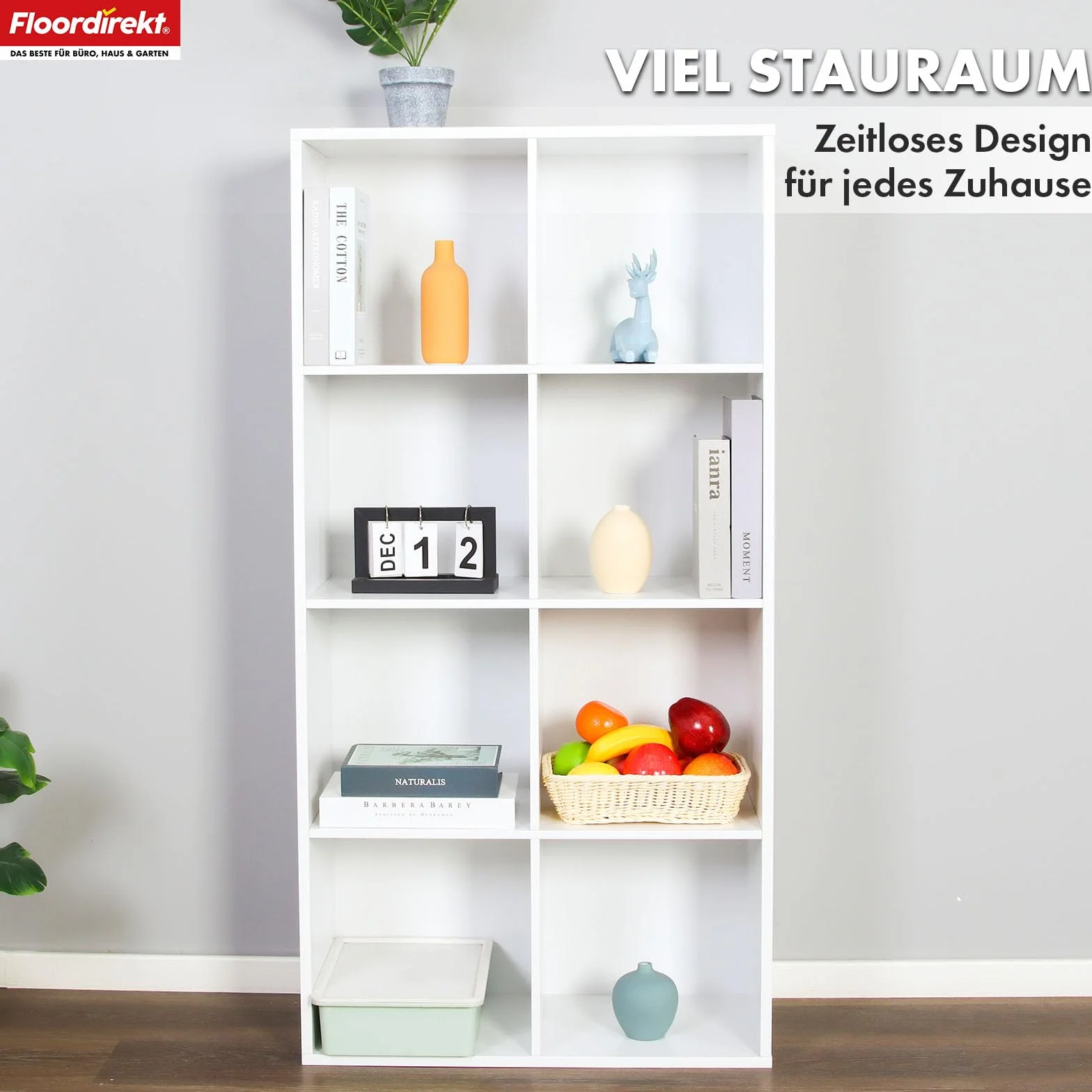 Floordirekt Regał na książki, biały z 8 półkami, regał w kształcie kostki, 30 x 65,5 szer. x 129,5 wys. cm, ścianka działowa do pokoju dziecięcego, salonu, biura i sypialni (Arkansas)