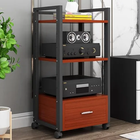 4-Poziomowa Wieża Audio Na Kółkach Z Szufladami, Regulowana Szafka Na Sprzęt Multimedialny, Gramofon, Konsolę Do Gier, Odtwarzacz Dvd I Projektor – Solidna Konstrukcja Z Metalu I Drewna