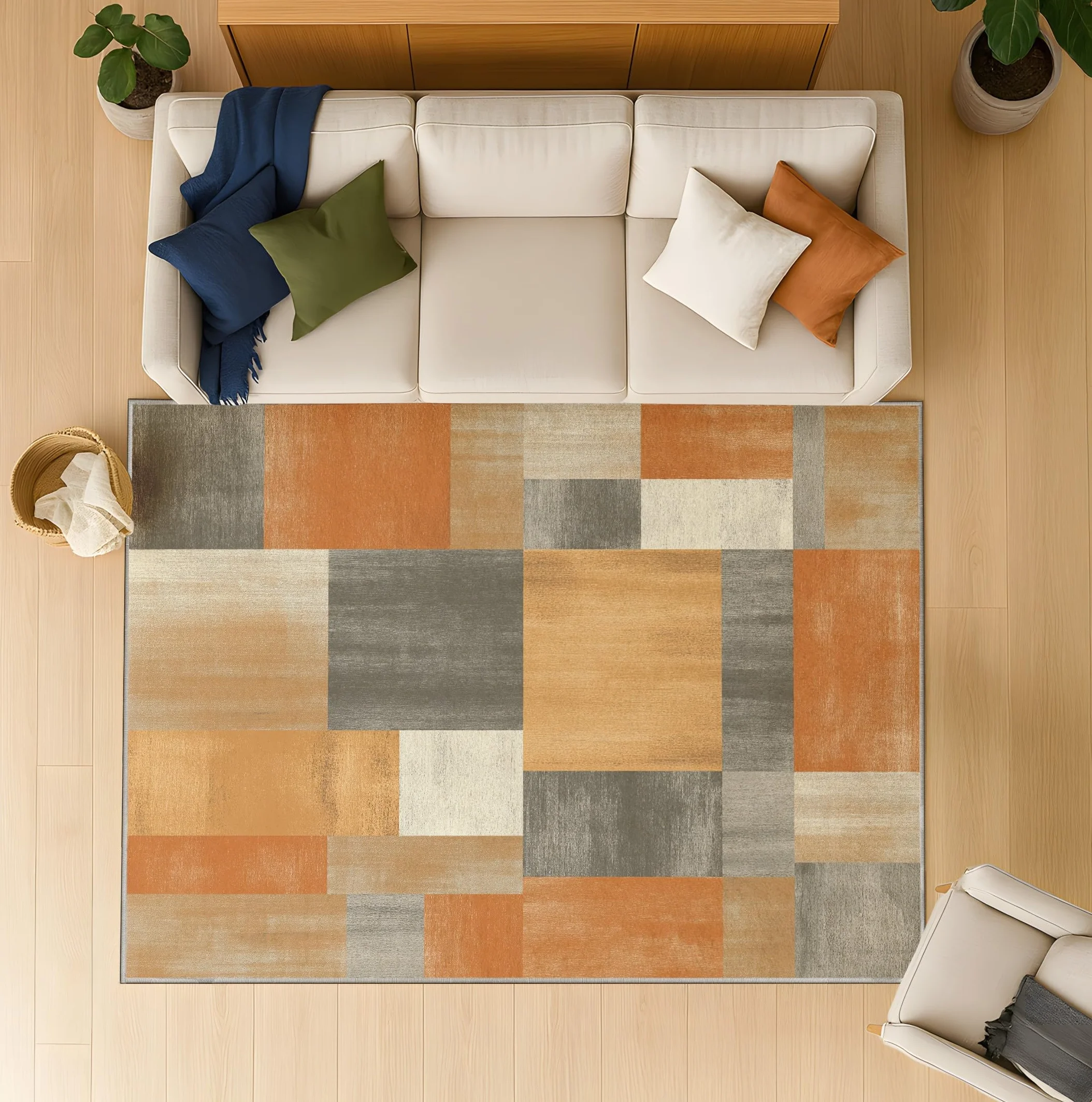 Antypoślizgowy patchwork geometryczny zmywalny dywan nowoczesny abstrakcyjny dywanik TPR klocki dywan pomarańczowy szary biały dywan 120 x 180 cm do salonu, sypialni, biura
