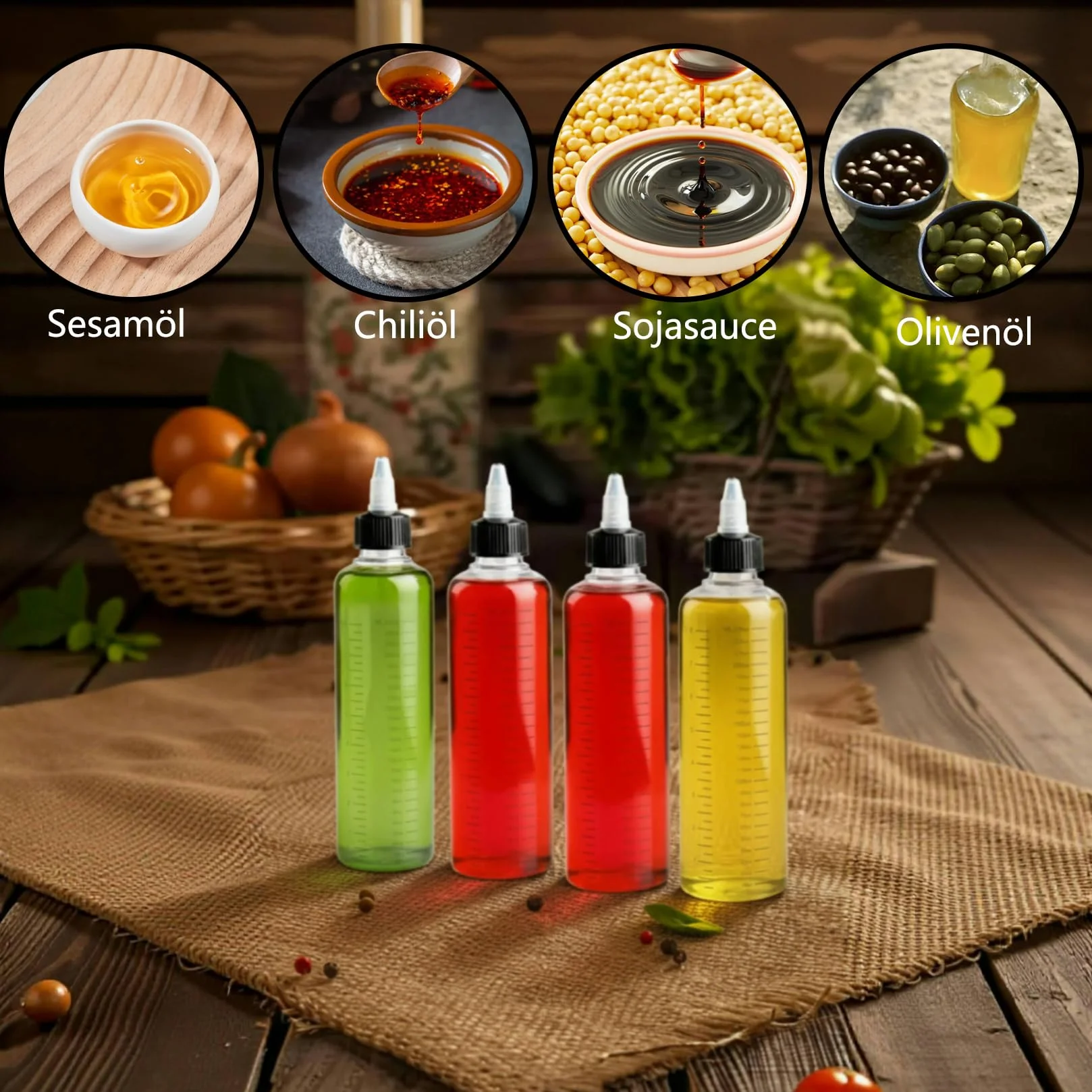 4 butelki wyciskane 250 ml, plastikowe butelki na sos, przezroczyste butelki do wyciskania, z tworzywa sztucznego, z nakrętkami do dozowników sosów, octu sojowego, ketchupu, oleju, z lejkiem