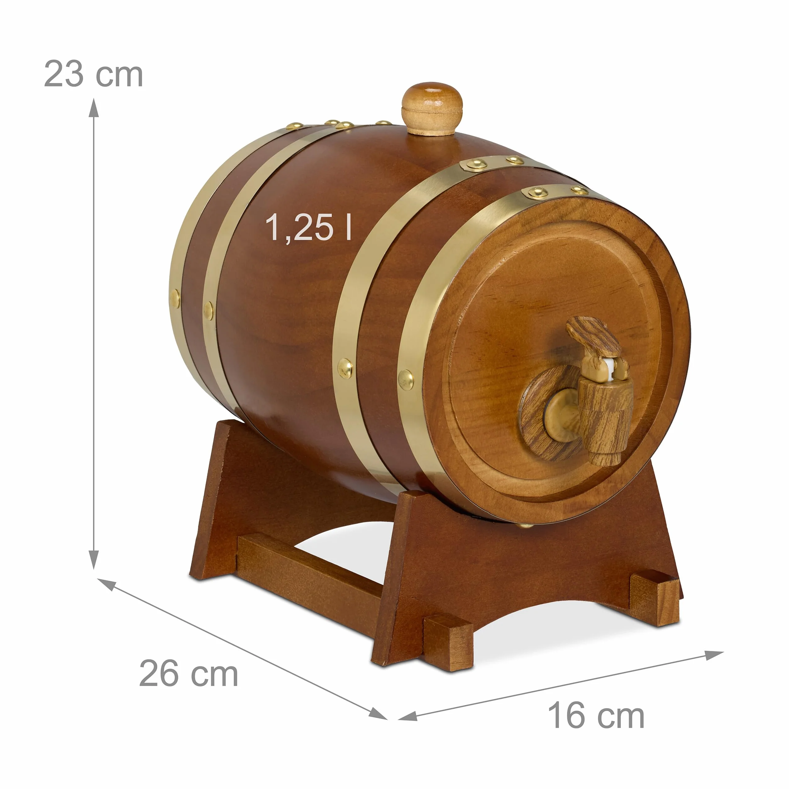 Relaxdays Beczka na whisky, 1,25 l, drewniana, z koziołkiem i kranikiem, na wino, alkohole, dekoracyjna beczka drewniana, ciemnobrązowa