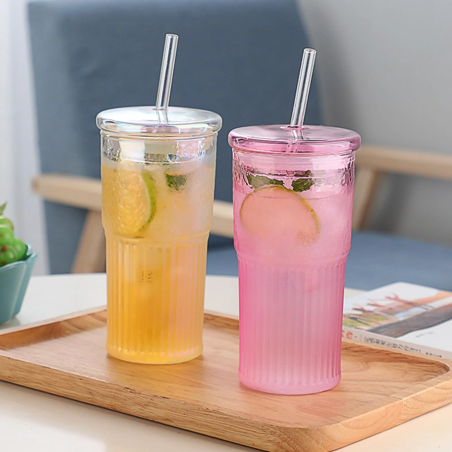 DAZZTIME 2 Przezroczyste Szklane Kubki na Wodę W Paski, Z Pokrywką i Słomką, Żłobione Do Longdrinków, Herbaty Bąbelkowej, Mrożonej Kawy, Soku