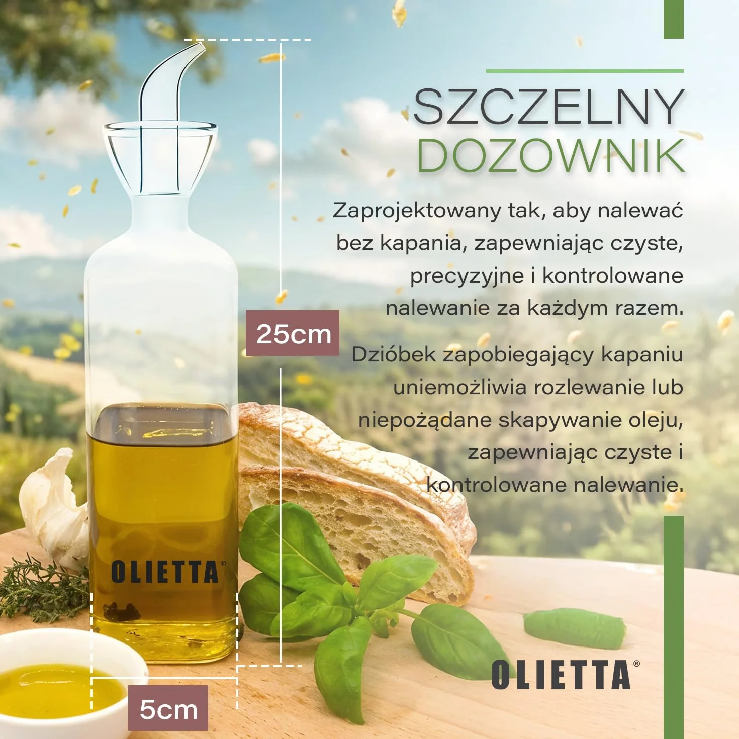 Olietta Szklany dozownik oliwy borokrzemianowy, 500 ml – niekapiący, szczelny nalewak do oliwy i octu, łatwy w czyszczeniu, niekapiąca butelka do kuchni