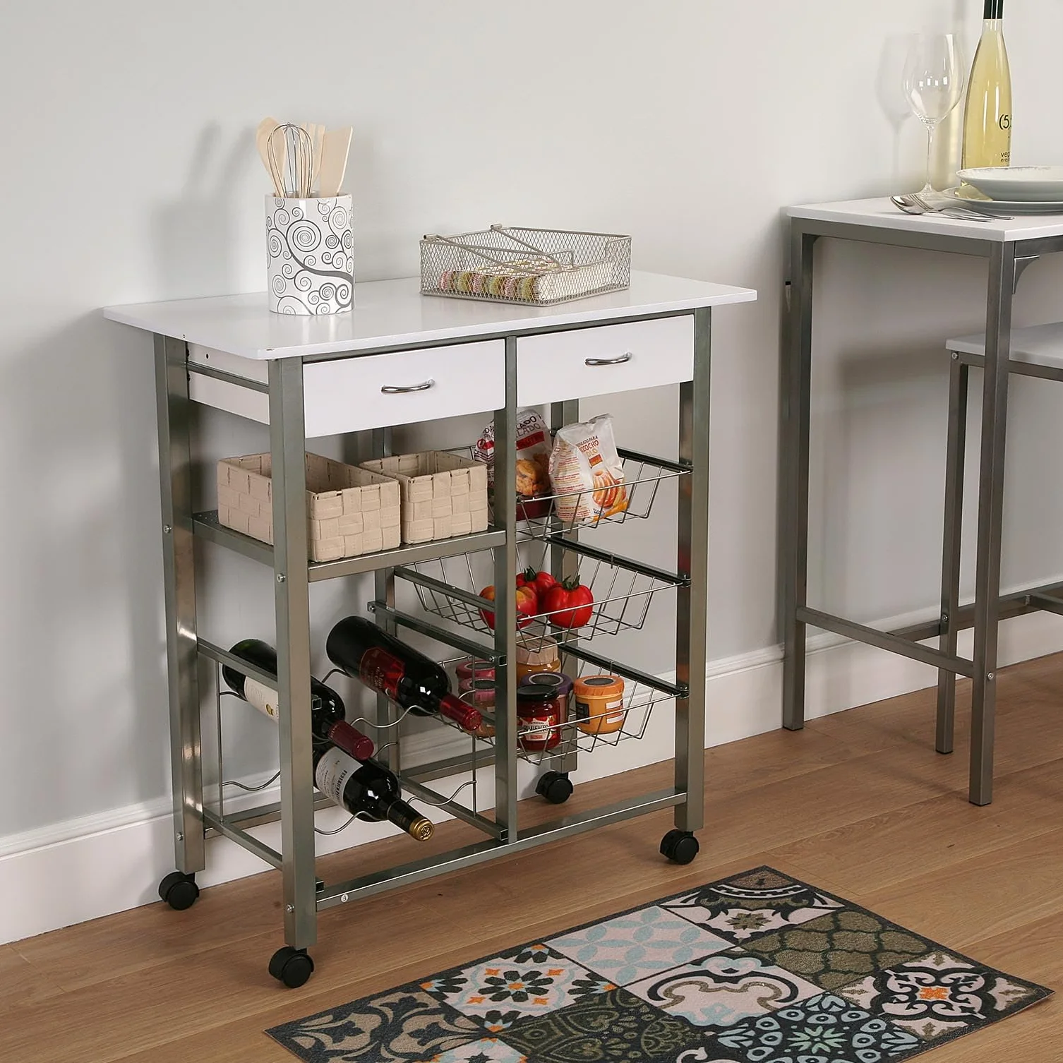 Versa Leicester wózek kuchenny z kółkami, szufladami i regałem na butelki, stojak na warzywa, półka kuchenna, wymiary (wys. x dł. x szer.) 82 x 40 x 76 cm, drewno i metal, kolor: biały