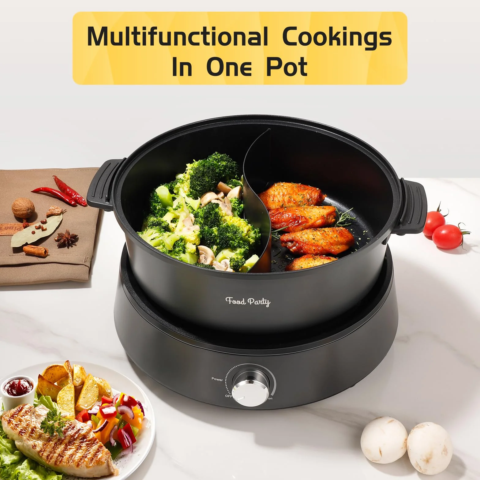 Food Party Hot Pot Elektryczny 4L Zaktualizowany Dwustronny Rozdzielany Garnek 220V 1350W Elektryczny Garnek Fondue na 6 Osób (Garnek Hot Pot z Przegródką)