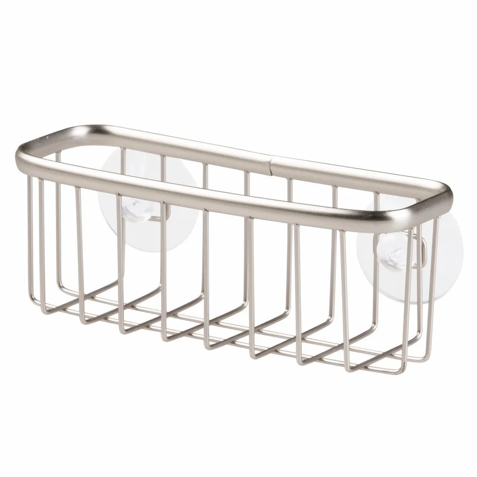 iDesign Uchwyt na gąbkę z przyssawkami, metalowy organizer na gąbkę i skrobaczkę do garnków, wiszący pojemnik kuchenny do zlewozmywaka, kolor matowego srebra, 7,11 x 16,51 x 12,19 cm