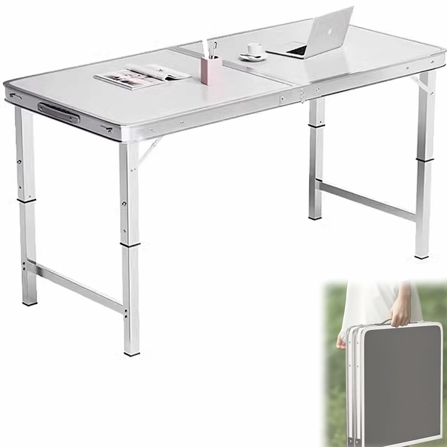 Składany aluminiowy stół o regulowanej wysokości, przenośny stół kempingowy z uchwytem, idealny na imprezę biurową, piknik, ślub, 70 x 50 cm, biały stół cateringowy