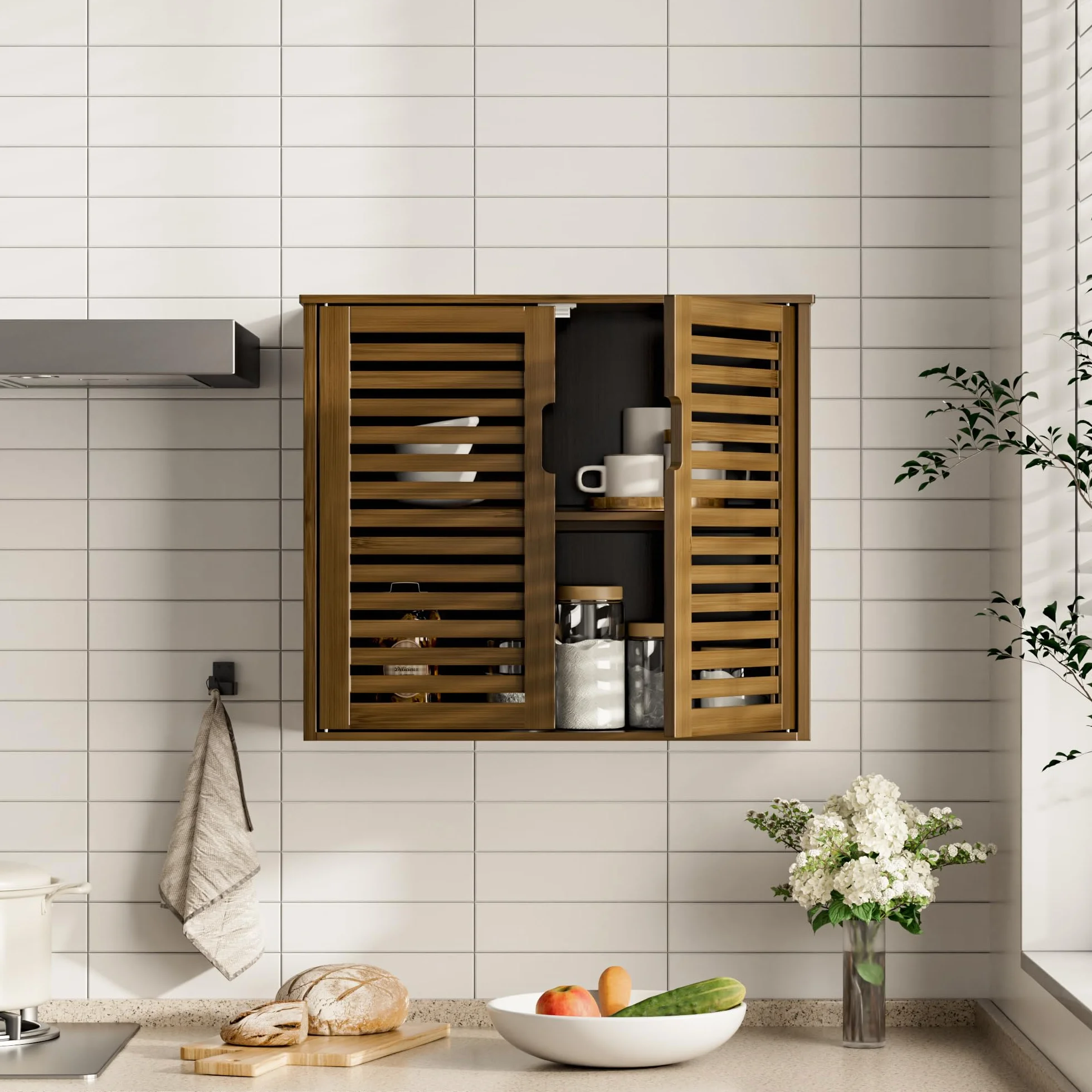 HITNET Bathroom Cabinet, Bamboo Hanging Medicine Cabinet, Space Saving Storage Organizer Over the Toilet with 2 Doors and Adjustable Shelf, Walnut