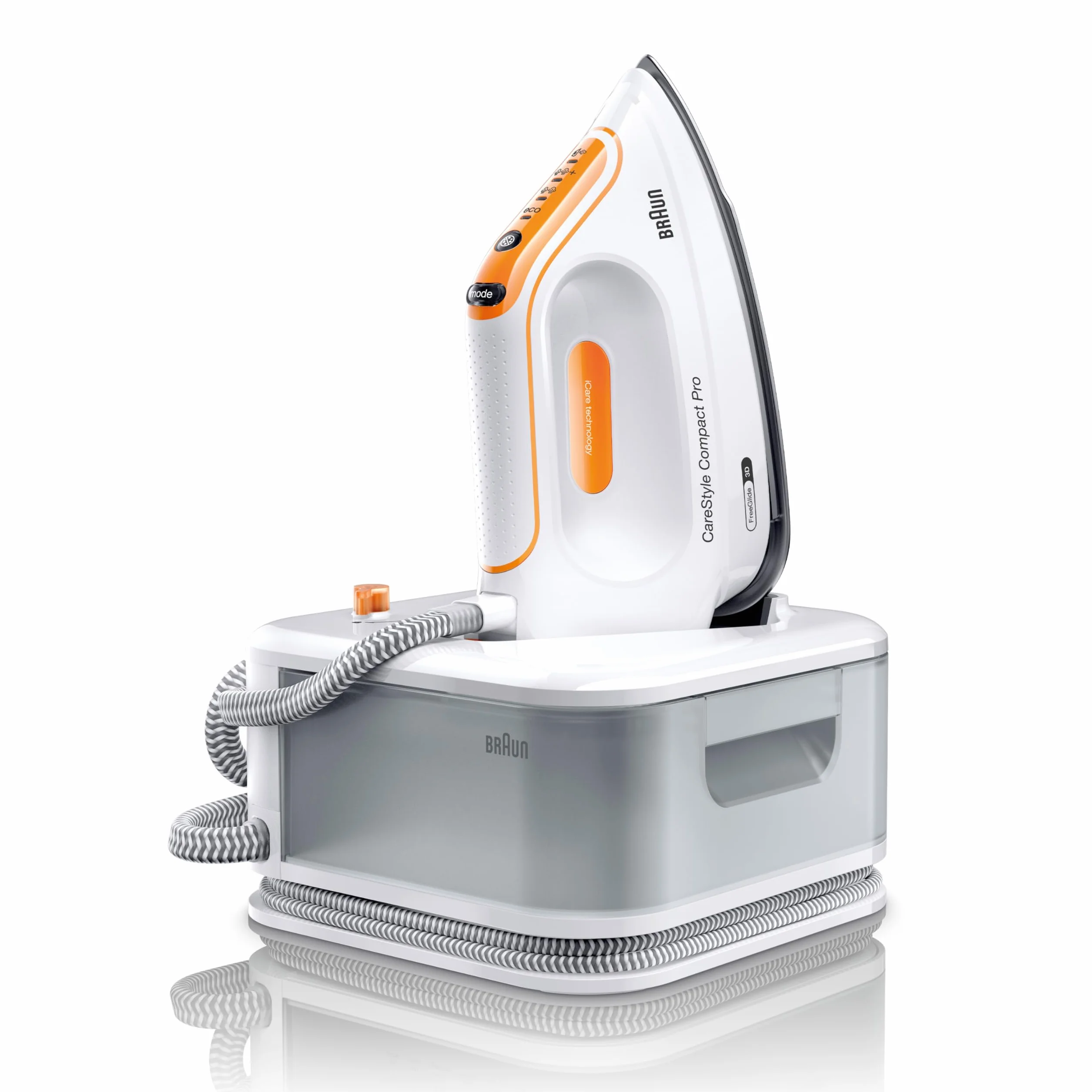 Braun CareStyle Compact Pro żelazko generujące parę, FreeGlide 3D, tryb iCareMode, Eco i Turbo, pionowe parowanie, niekapiący, zbiornik na wodę 1,5 l, 6 bar/400 g/min, 2400 W, biały/pomarańczowy