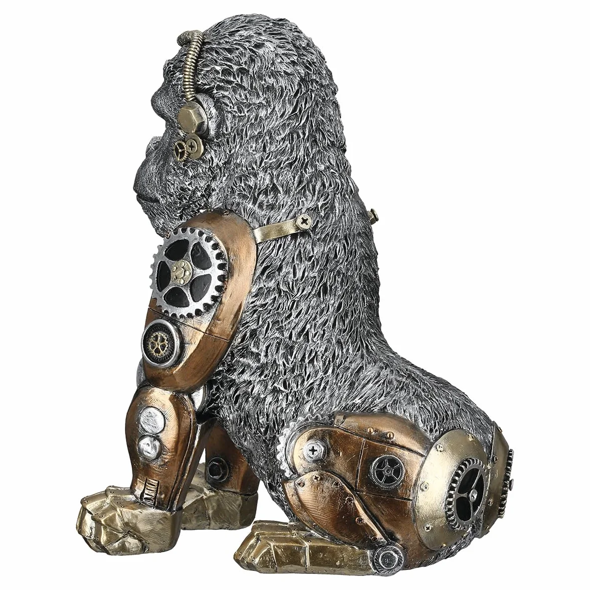 GILDE Figurka Steampunk goryl z żywicy syntetycznej, kolor srebrny, antyczne wykończenie, metaliczny wygląd, motyw koła zębatego, wysokość 31 cm