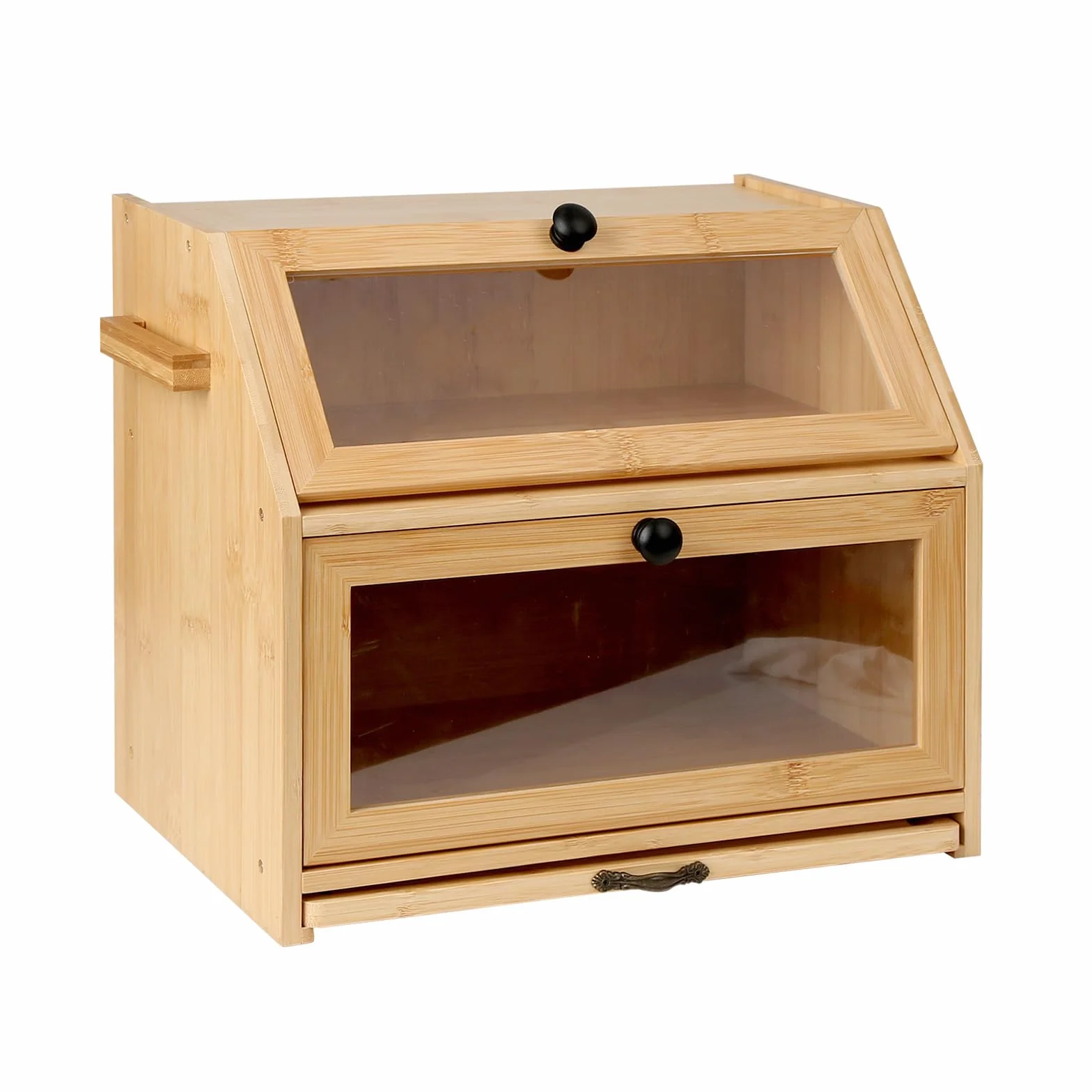 Bambusowy chlebak na chleb, 2 poziomy, organizer kuchenny, drewniany organizer z okienkiem i zamknięciem magnetycznym, pudełko do przechowywania, na tosty, 26 x 39 x 32,5 cm (kolor drewniany)