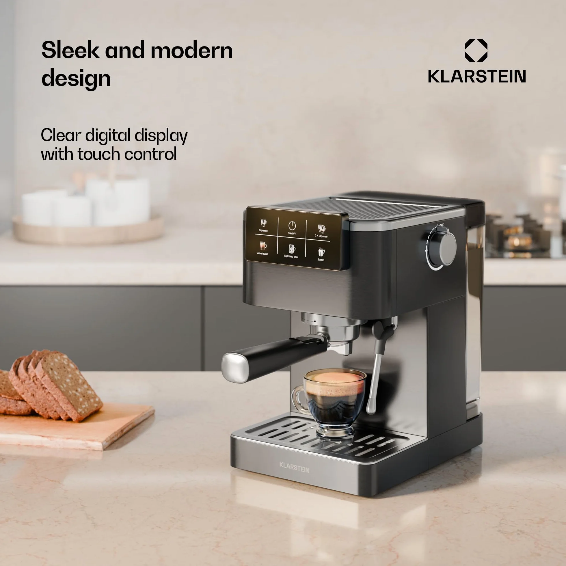 Klarstein SteelPresso Touch Ekspres kolbowy – 20 barów, 1350 W, Stal nierdzewna, Zbiornik 1,5 l, Wyświetlacz dotykowy, Zintegrowany spieniacz do mleka, Kompaktowy design, Ekspres do kawy