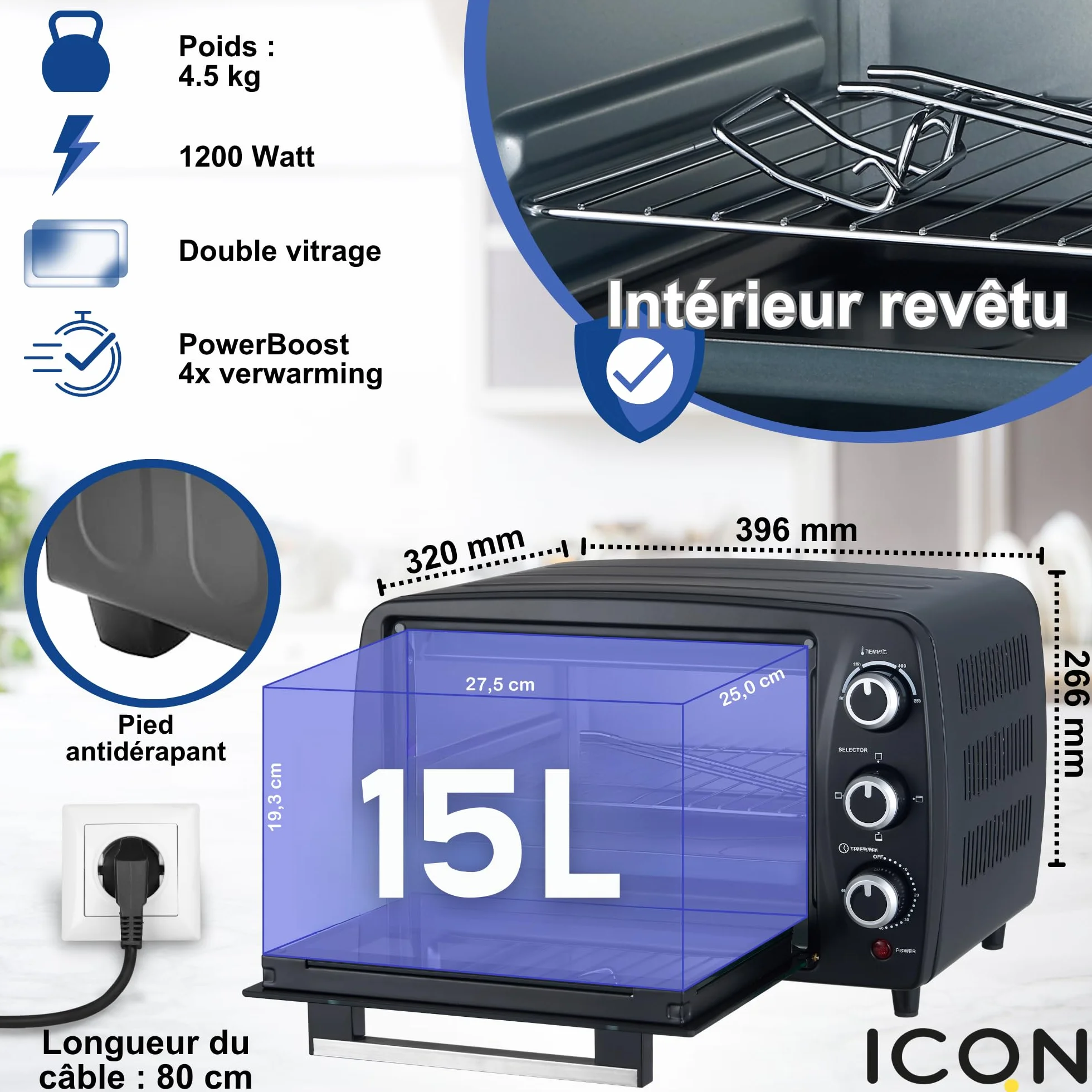 ICQN Kompaktowy mini piekarnik 15 litrów, 1200 W, timer 60 min, 3 funkcje gotowania, 90°-230°C, mały piekarnik kempingowy, antracytowy, 2 lata