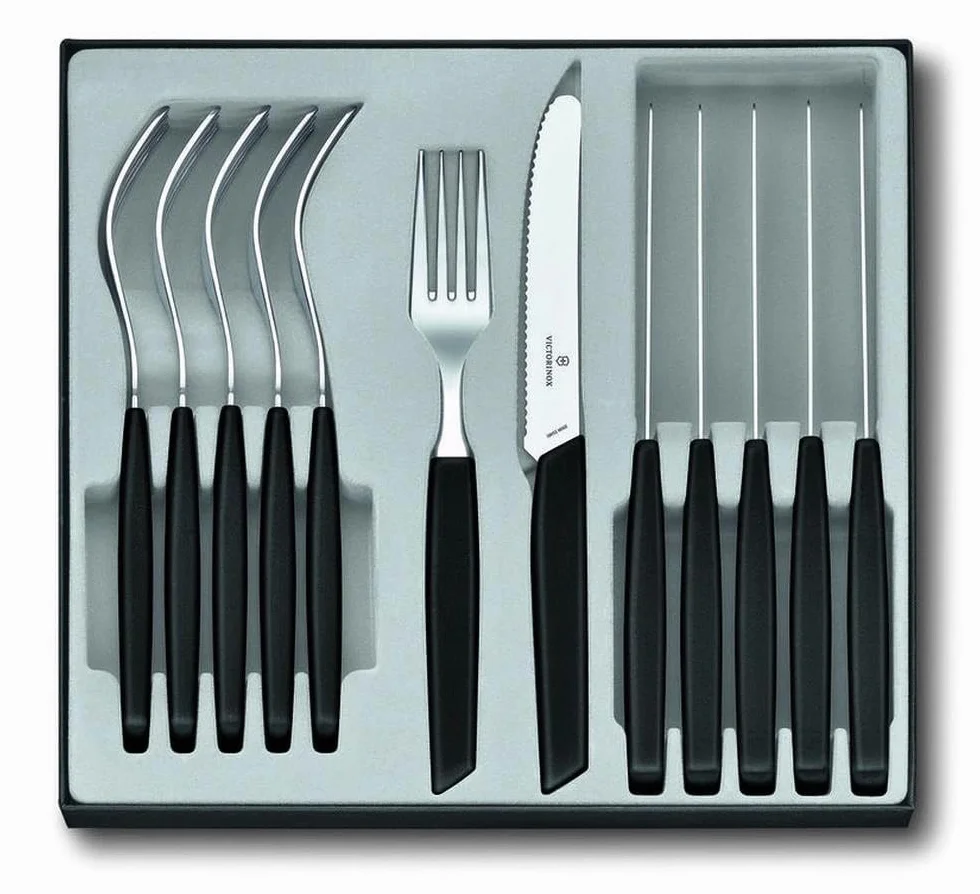 Victorinox Swiss Modern zestaw sztućców, 12-częściowy, nóż do pomidorów i stołowy, widelec stołowy, czarny, stal nierdzewna