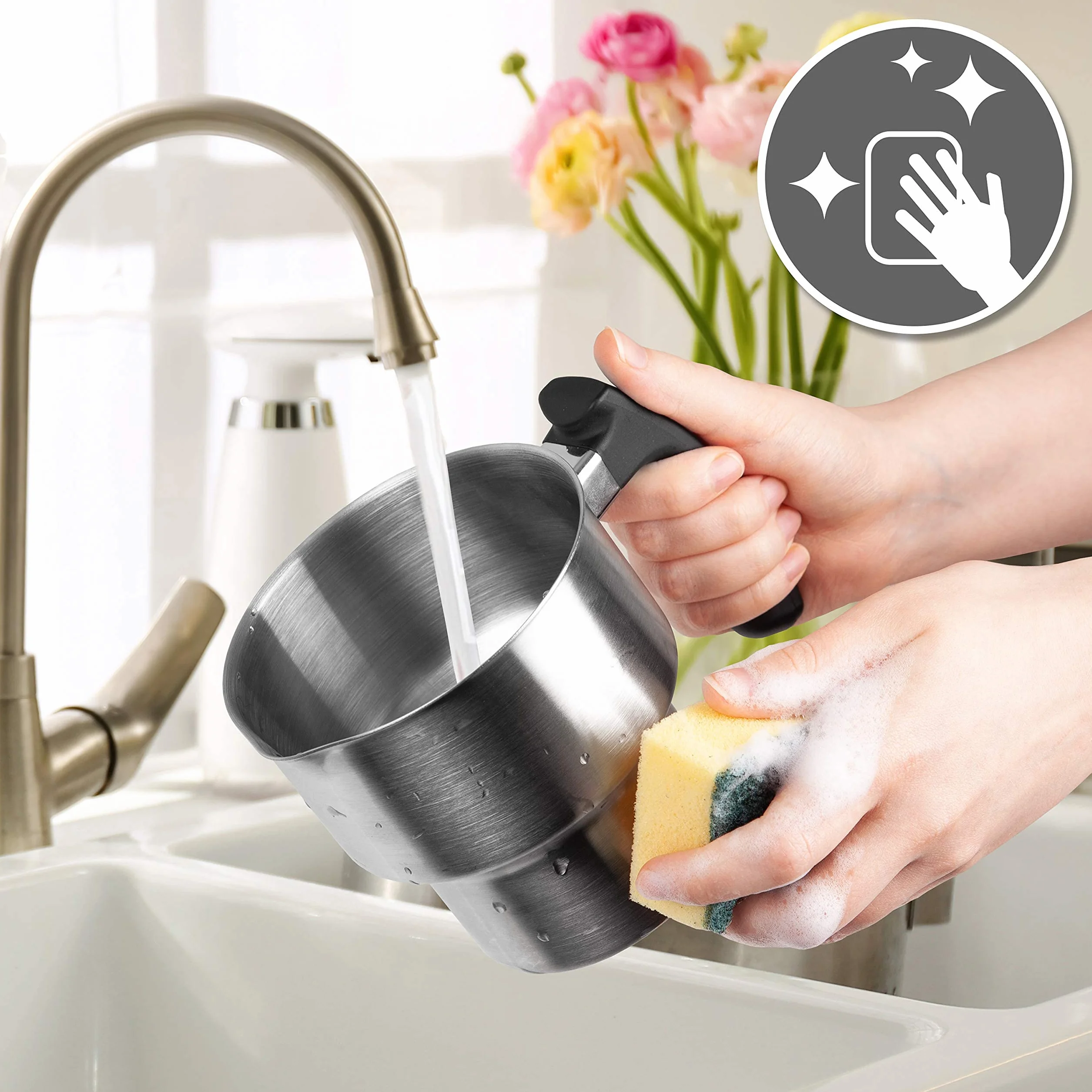 Duronic MF500 BK Automatyczny spieniacz do mleka elektryczny podgrzewacz ze stali nierdzewnej 500W | regulacja temperatury | pojemność do 500ml | schowek na końcówki w podstawie | do gorącej czekolady