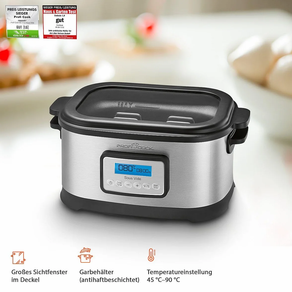 ProfiCook PC-SV 1112 - Cocotte mijoteuse et Cuiseur sous vide basse température - Capacité 8,5 Litres - 520 Watts Gris/Noir