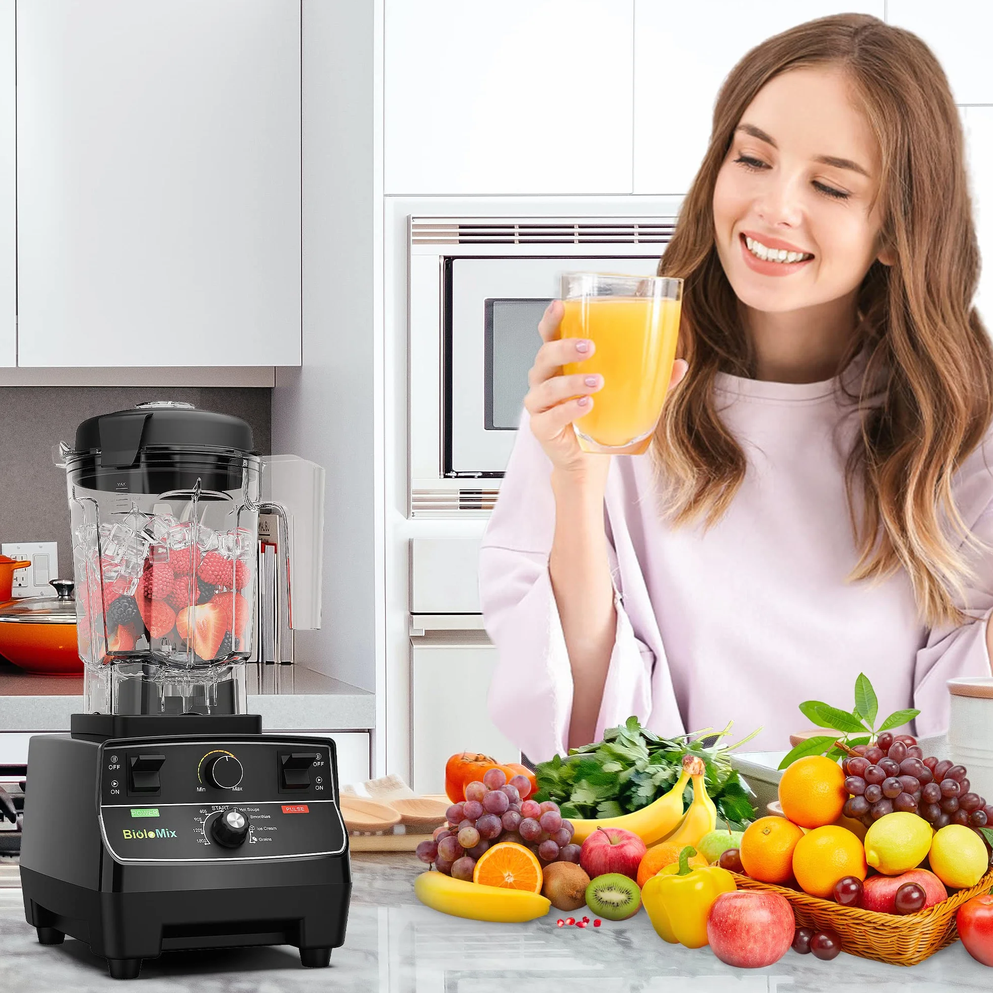 BioloMix Mikser o wysokiej wydajności 2200 W, funkcja samoczyszczenia | mikser stojący pojemnik 2 l i kubek podróżny o pojemności 600 ml, nie zawiera BPA