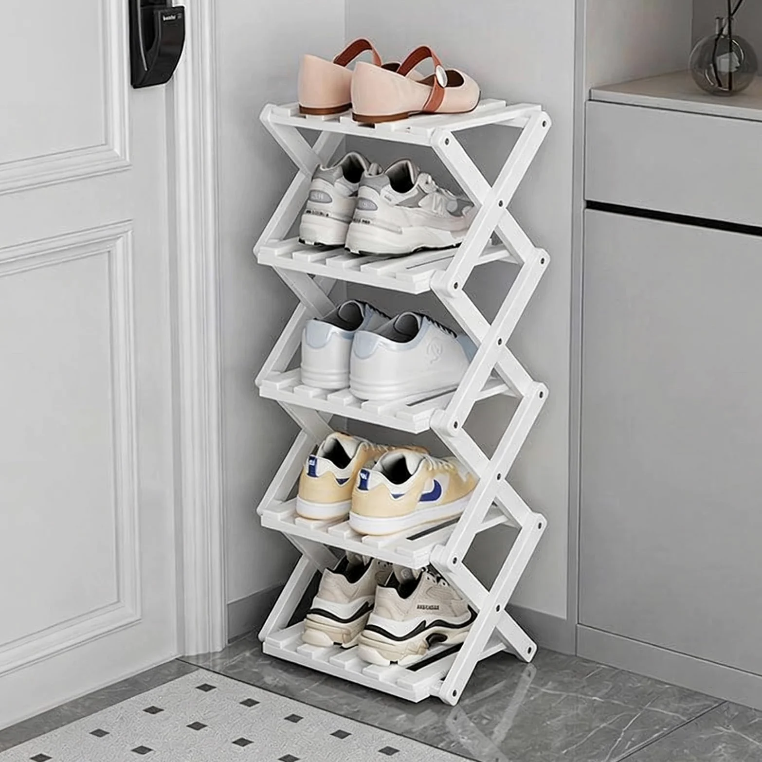 Mały stojak na buty, biały, 5-poziomowy, bambusowy, składany, organizer na buty, wolnostojąca półka do przedpokoju, sypialni, szafy, narożnika salonu, nie wymaga instalacji