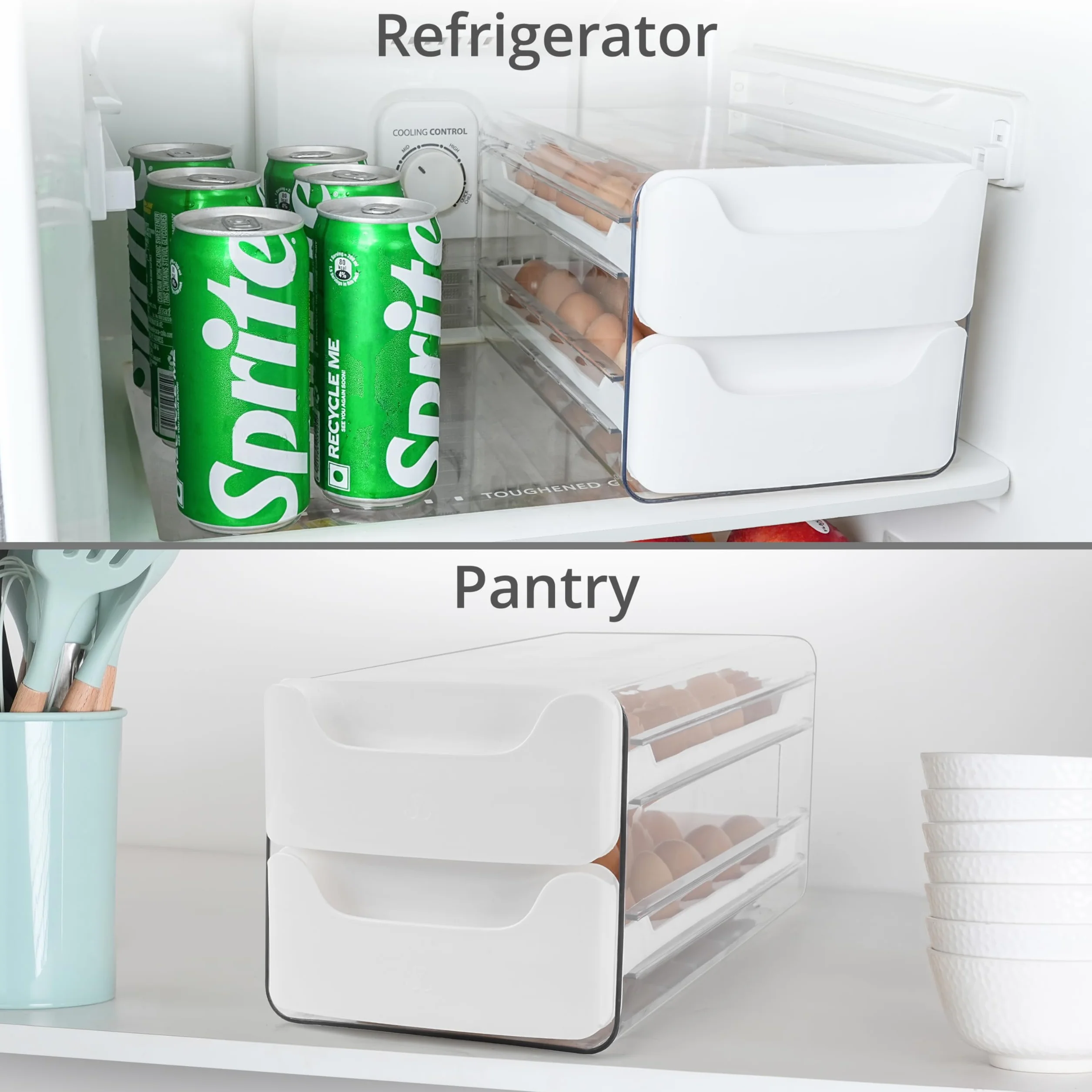 Winter Shore Dwuwarstwowy Pojemnik na Jajka do Lodówki - Mieści 36 Świeżych Jaj - Bez BPA, Przezroczysty Plastik - Organizator i Pojemnik na Jajka z Przesuwną Szufladą - Biały