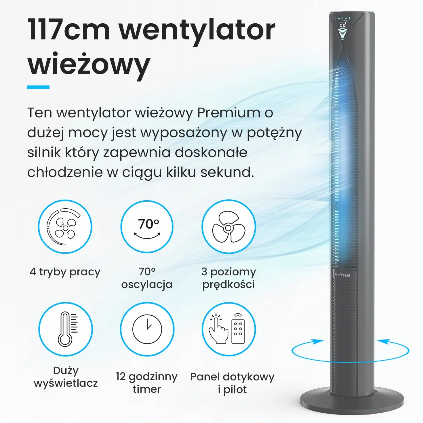 Pro Breeze Cichy Wentylator Kolumnowy z Pilotem Zdalnego Sterowania, Wieżowy Stojący Podłogowy, 45W, Wysokość 117 cm, Bezśmigłowy Bezłopatkowy Chłodzący, Automatyczna Oscylacja 70°, 12h Timer, Czarny