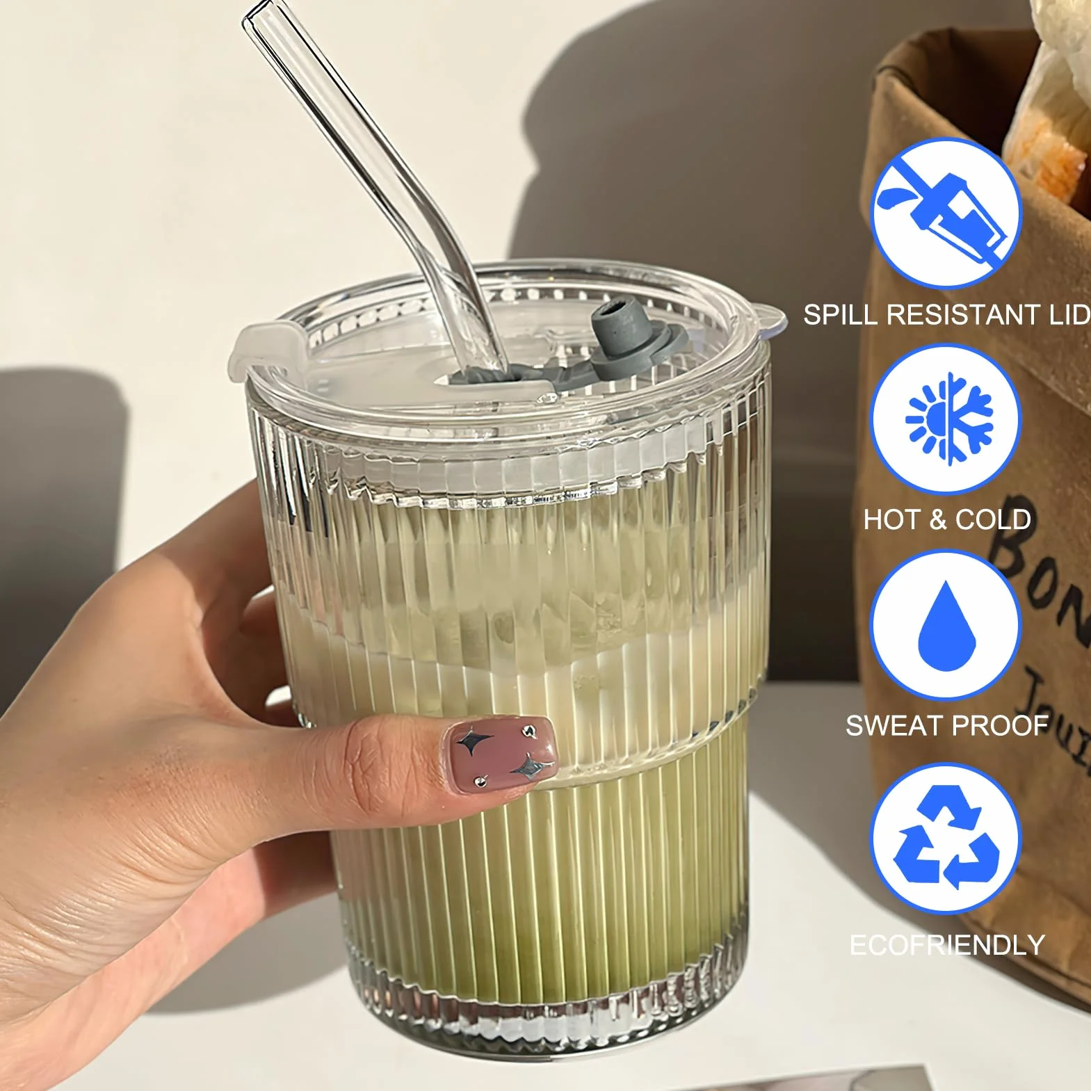 2 sztuki szklanego kubka o pojemności 400 ml z pokrywką i słomką, szklany kubek na smoothie ze słomką, szczelny, wodoodporny kubek podróżny na kawę, kubek na mrożoną kawę