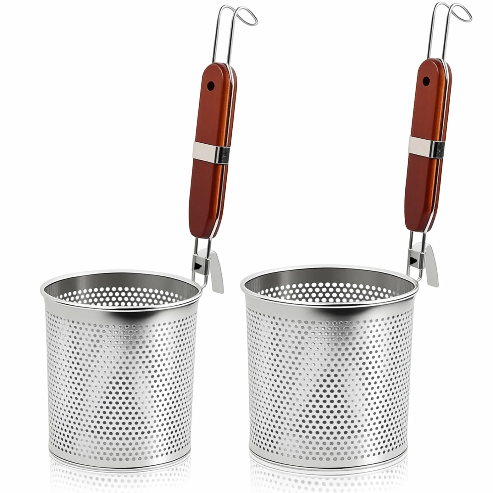 2 Szt. Kosz do Makaronu z Mikroperforacją, Sito do Ramen ze Stali Nierdzewnej, 14cm+12cm Sito do Gotowania z Drewnianą Rączką do Makaronu, Warzyw, Klusek, Żywności