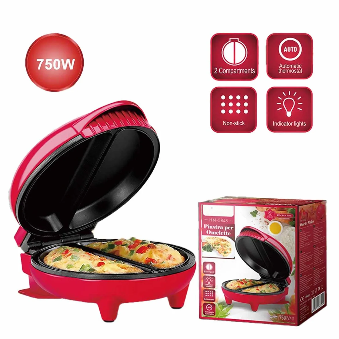 Płyta do omletu Naleśniki 750W, 2-osobowa płyta elektryczna do omletów z płytą nieprzywierającą, automatyczny termostat, czerwony
