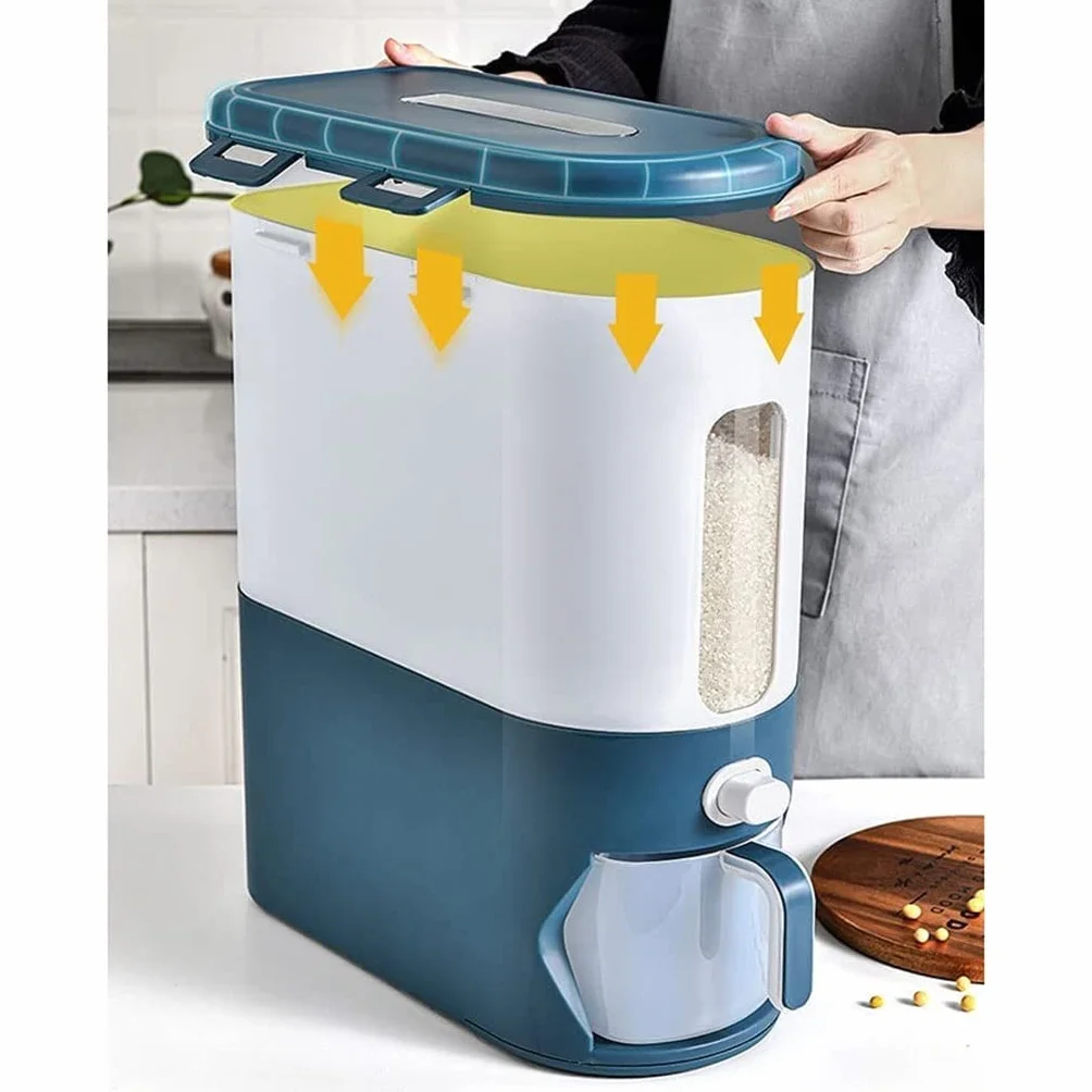 Dozownik Płatków Kukurydzianych Dozownik zbóż blat, spiżarnia ryżowa Duży Healtight Grain Dispenser Container One-Click Household Household Hermetyczny (Color : Blue-15kg)