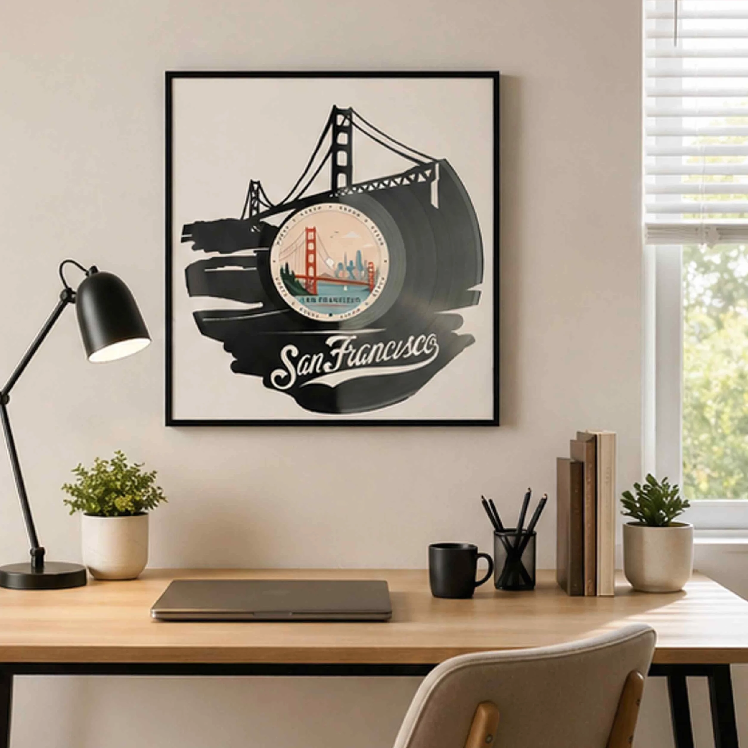 EVEVO Dekoracja ścienna z płyty gramofonowej w ramie 32 x 32 cm San Francisco - winylowa sztuka ścienna Kalifornia, prezent dla fanów USA, podróżników