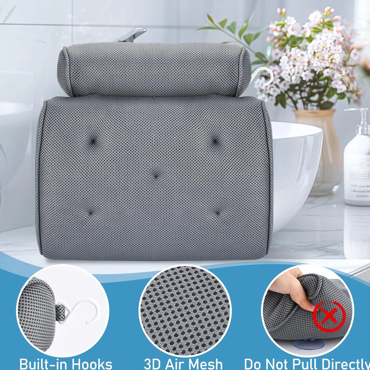 Poduszka do wanny ergonomiczna antypoślizgowa 4D Air Mesh 5 kubków z rękawicami kąpielowymi