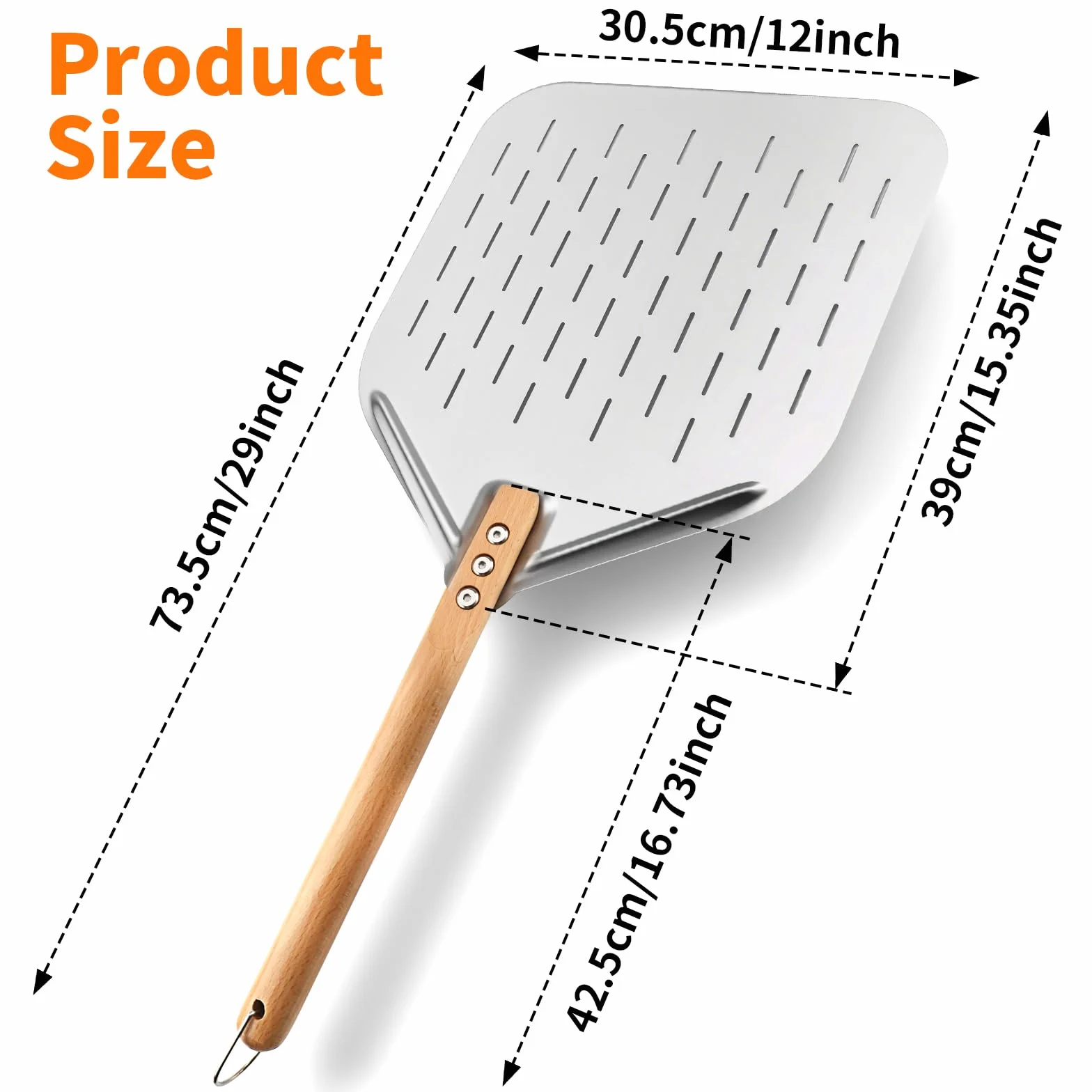 Łopata do pizzy Foydream,nóż do pizzy ze stali nierdzewnej z wyjmowanym uchwytem,​​łopata do pizzy 30,5 * 39 cm i 43 cm ergonomicznym drewnianym uchwytem, ​perforowana pizza do pieczenia chleba w domu