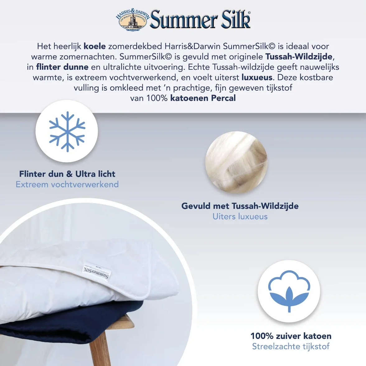 H&D Summer Silk Jedwabna kołdra letnia – wypełnienie ze 100% naturalnego jedwabiu dzikiego – poszycie z 100% czystej, miękkiej bawełny perkalowej – pojedyncza – 140 x 200 cm