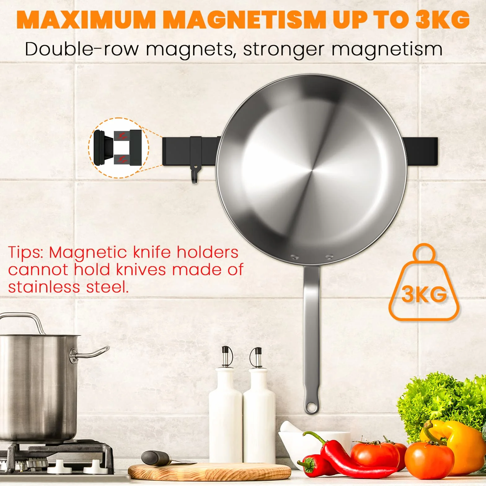 Cocolemon Listwa magnetyczna na noże 40 cm ze stali nierdzewnej z bardzo silnym magnesem, uchwyt na noże z 3 zdejmowanymi haczykami na noże, przybory kuchenne, narzędzia