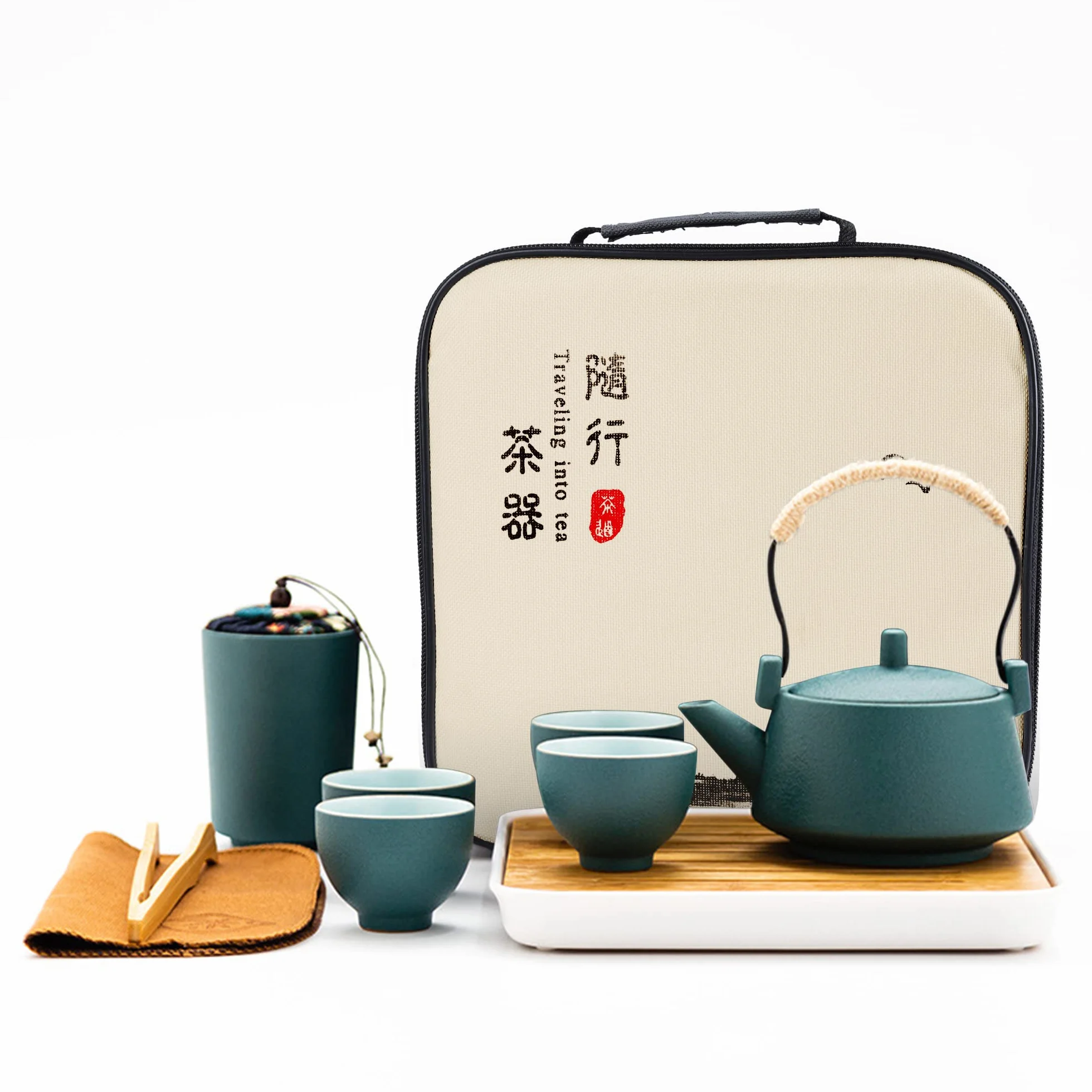 fanquare Japoński zielony zestaw do herbaty Kung Fu, chiński przenośny zestaw do herbaty z tacą, porcelanowy upominkowy zestaw do herbaty dla dorosłych, podróżny zestaw do herbaty