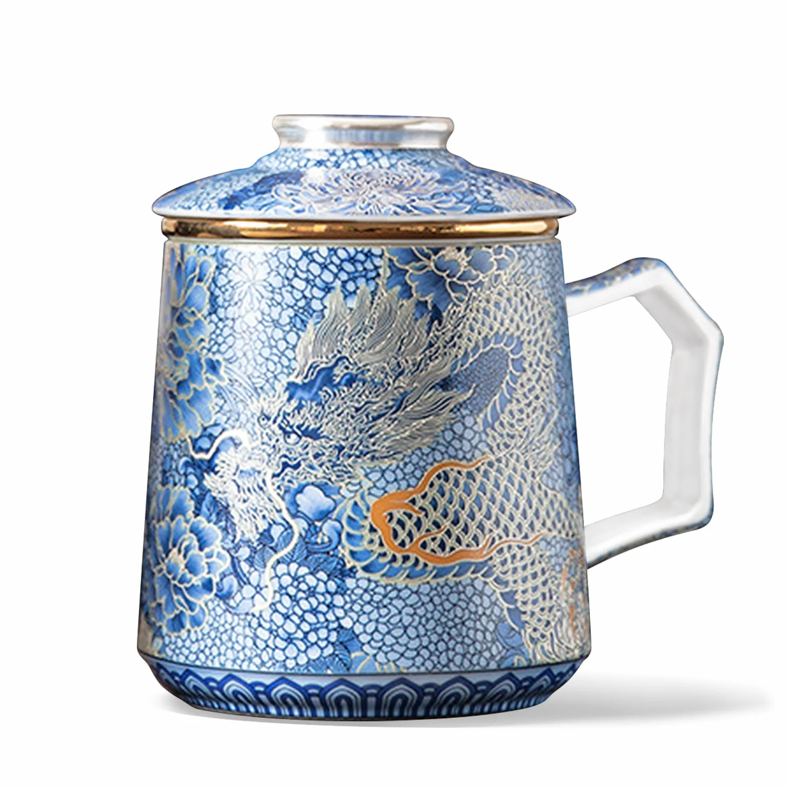 fanquare Chiński smok, filiżanki do herbaty, niebieska, porcelana, filiżanka do herbaty z zaparzaczem i pokrywką, duży kubek do herbaty, tradycyjny ceramiczny kubek do kawy z uchwytem, na prezent i do