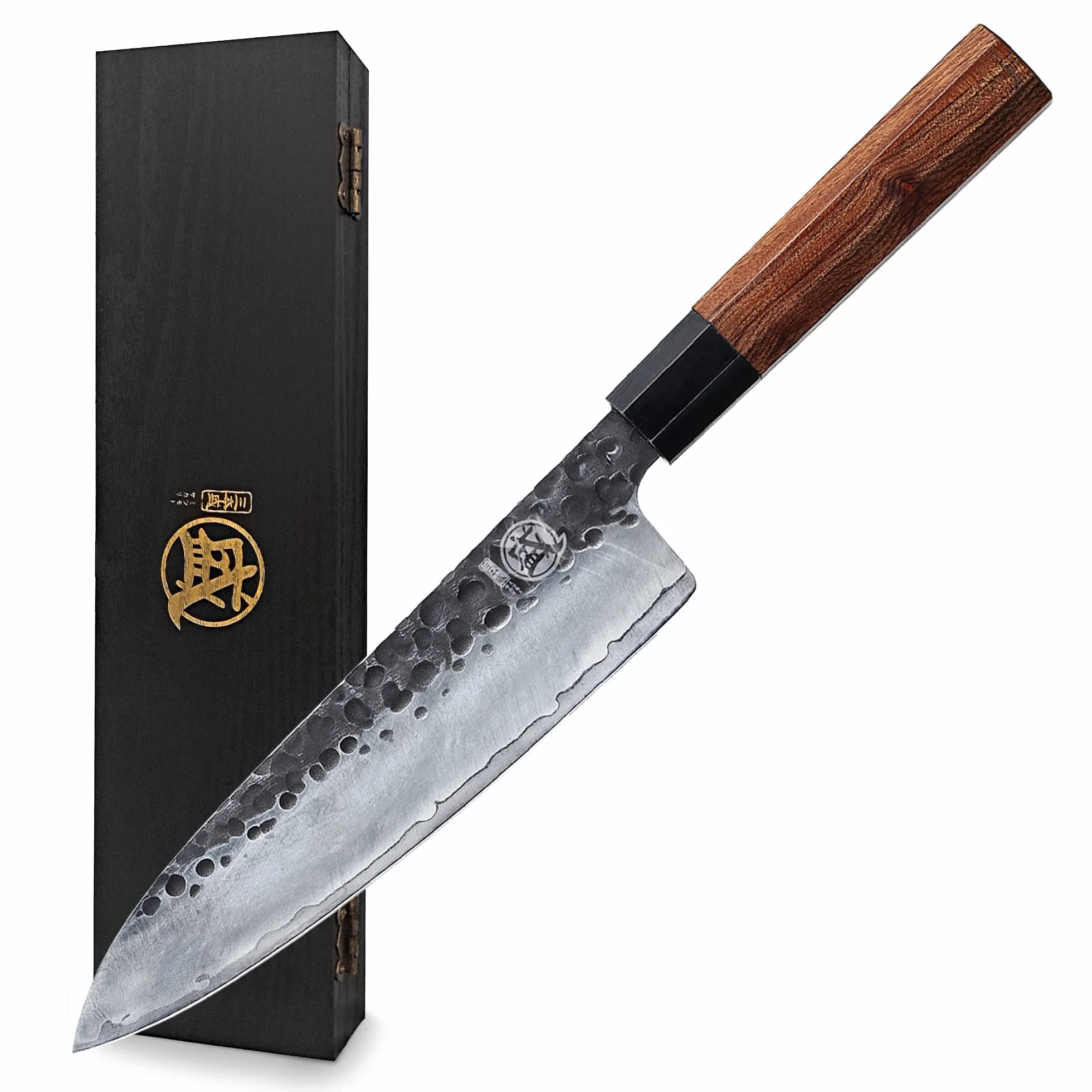 MITSUMOTO SAKARI 22 cm Japoński Nóż Kuchenny, Nóż Szefa Kuchni z Wysokowęglowej Stali Nierdzewnej, Ręcznie Kuty Profesjonalny Nóż Gyotou(Uchwyt z Drewna Różanego)