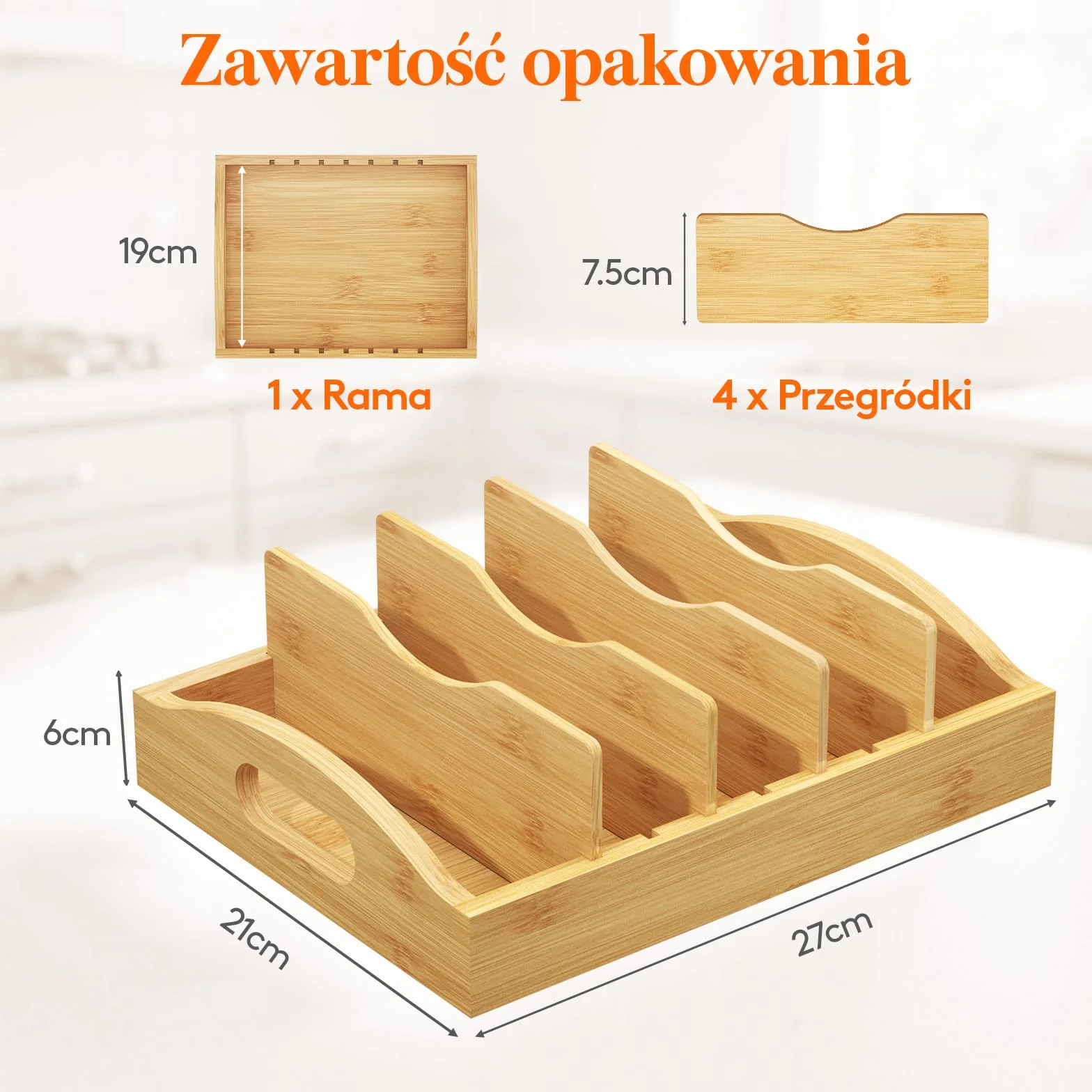 Lifewit Bambusowy stojak na pokrywki, stojak na naczynia oszczędzający miejsce z 4 regulowanymi przegródkami, stojak na pojemniki do szuflad kuchennych na żywność, 27 x 21 cm